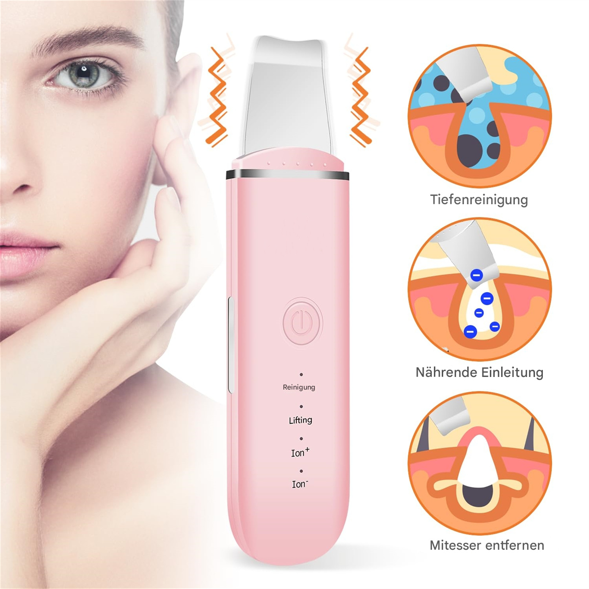 Ein rosa Gesichtshaut-Scrubber mit dem Gesicht einer Frau. Der Scrubber hat Knöpfe und einen Metallkopf. Diagramme zeigen Hautschichten.
