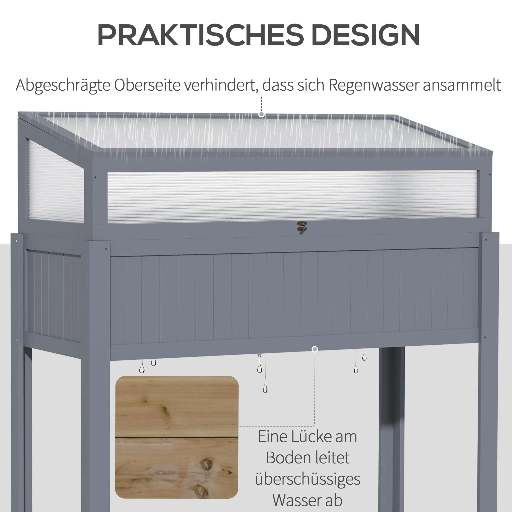 Nahaufnahme eines grauen kalten Rahmens mit einem transparenten Deckel. Einige Wassertropfen sind auf dem Deckel sichtbar. Es gibt Holzlatten.