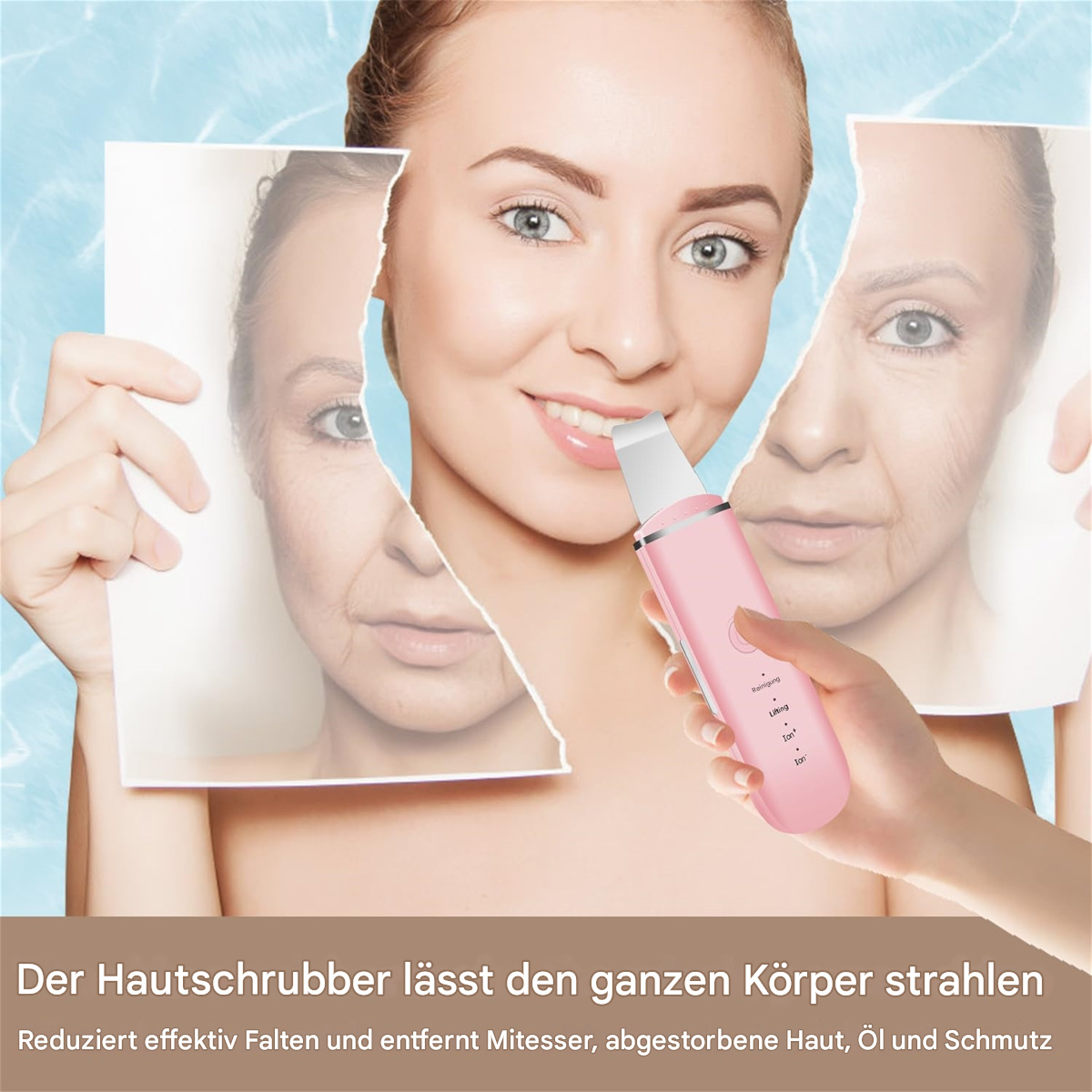 Eine Frau hält einen rosa Hautschrubber. Das Bild zeigt ihr Gesicht und Diagramme der Hautschichten, sowie Text auf Deutsch.