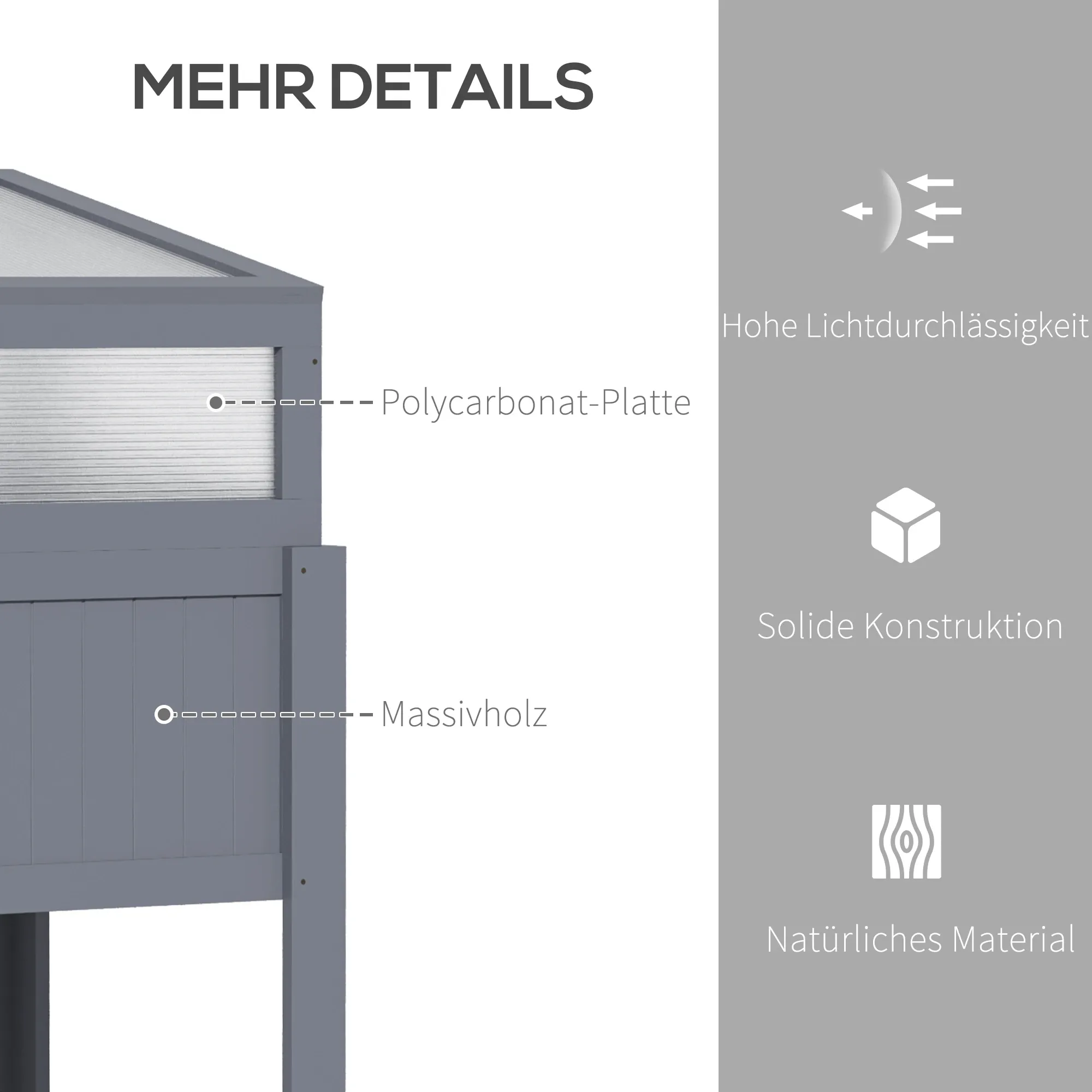 Ein grauer Pflanzkasten mit einer Polycarbonatplatte, der eine hohe Lichtdurchlässigkeit und eine solide Konstruktion aufweist.