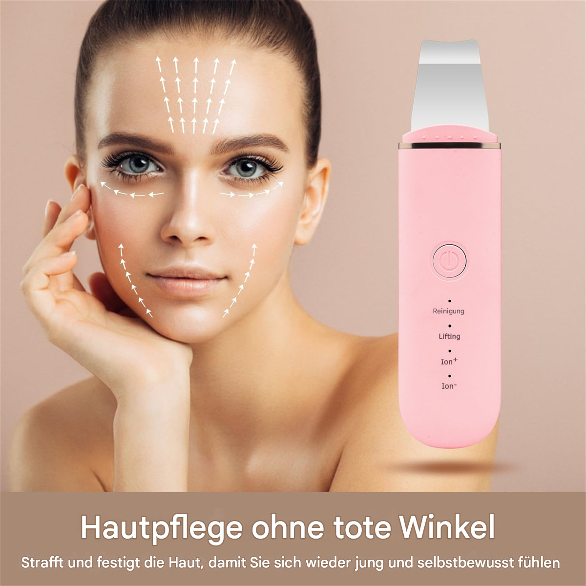 Eine Frau verwendet ein rosa Gesichtsreinigungsgerät mit Diagrammen, die die Anwendung auf der Haut zeigen.