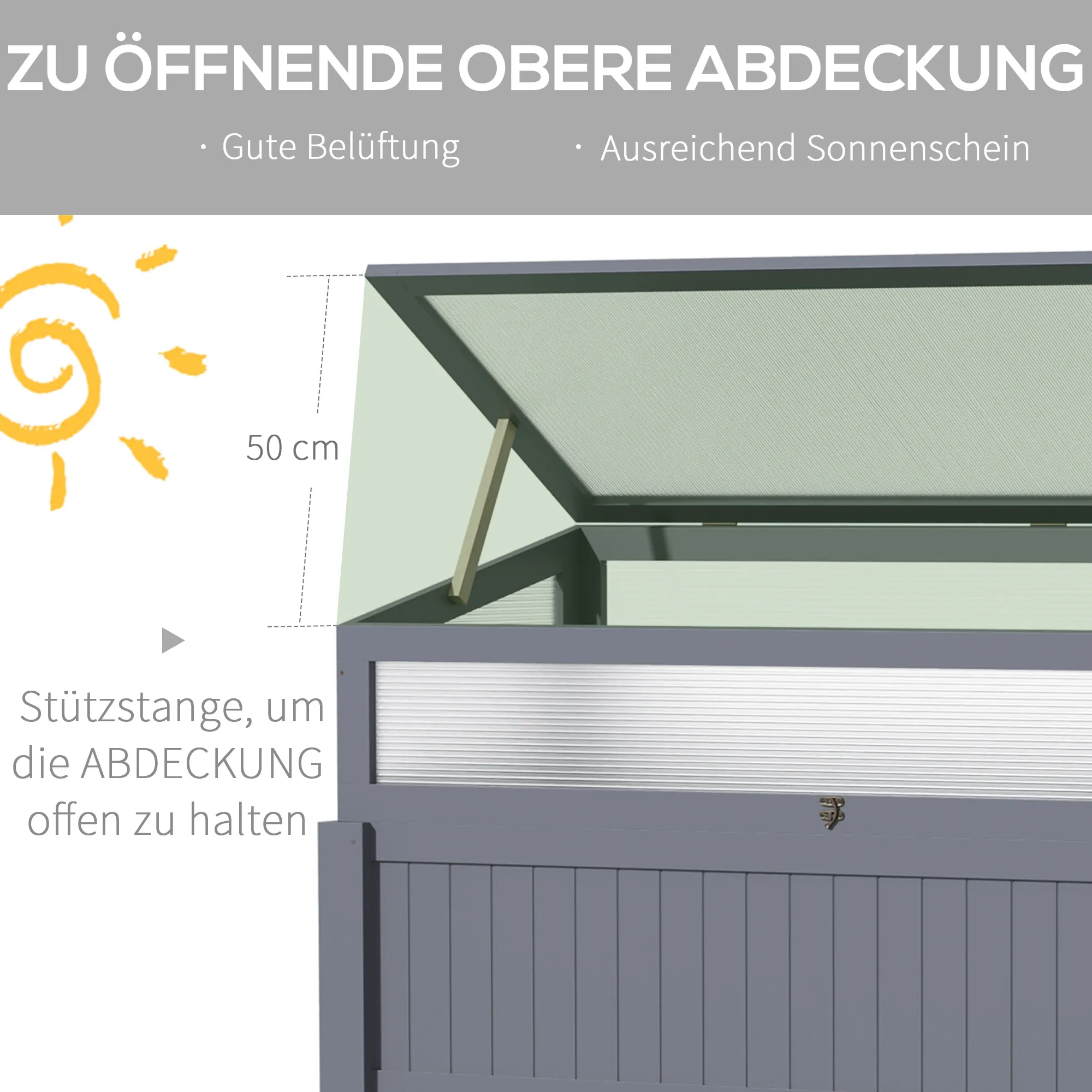Eine graue Holzkonstruktion mit einer zu öffnenden Oberseite, die von einer Stange getragen wird und für gute Belüftung und ausreichend Sonnenlicht sorgt.