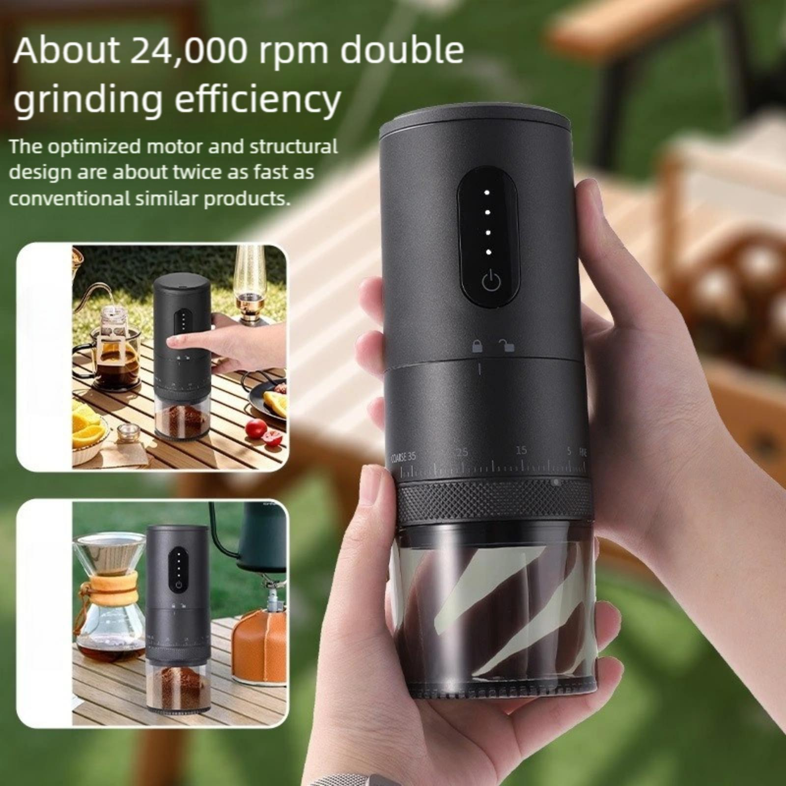 Eine Person hält eine Kaffeemühle. Die Mühle hat einen durchsichtigen Boden und Knöpfe. Text sagt "Etwa 24.000 U/min".