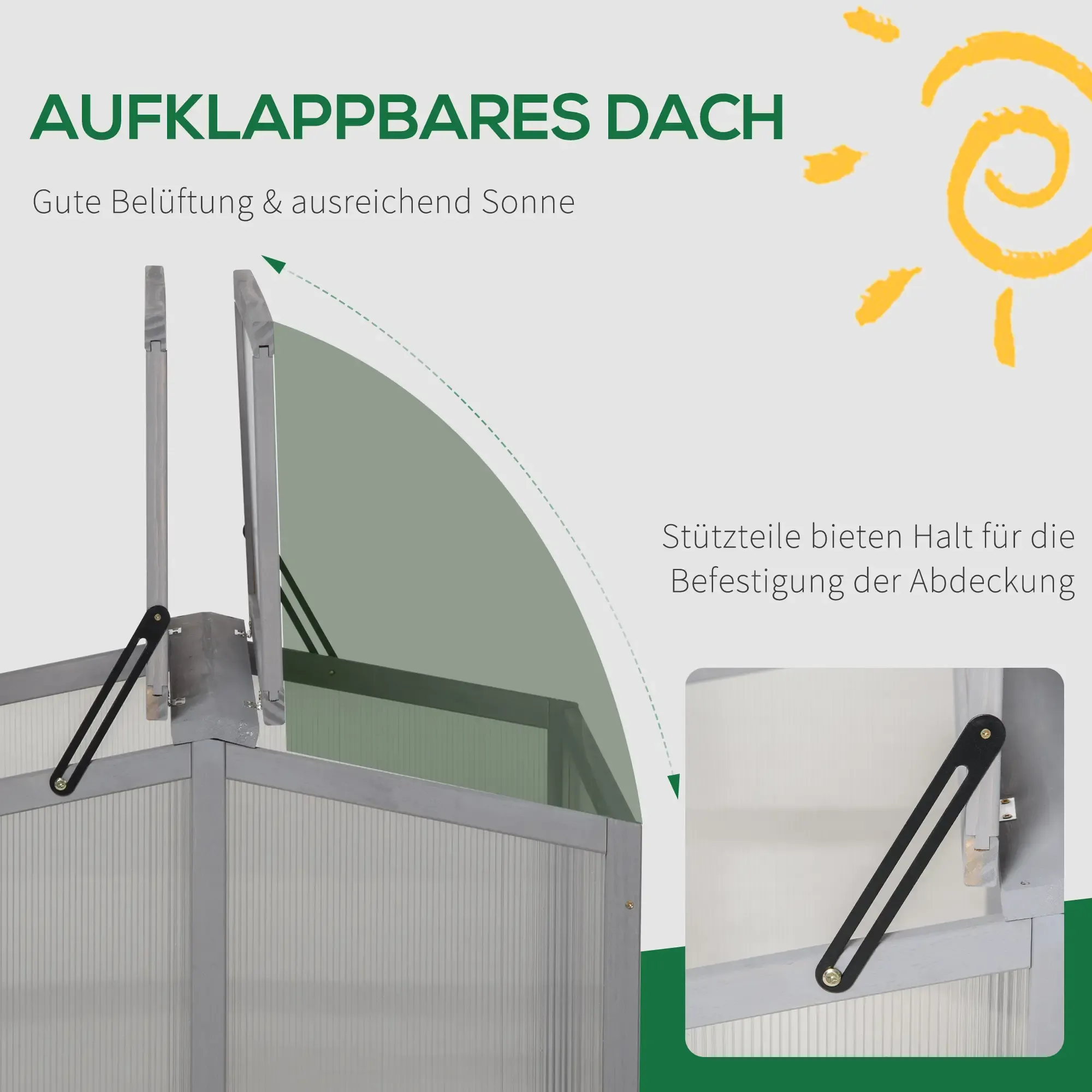 Das Bild zeigt einen Frühbeetkasten mit verstellbarem Dach, der Belüftung und Sonnenlicht bietet.