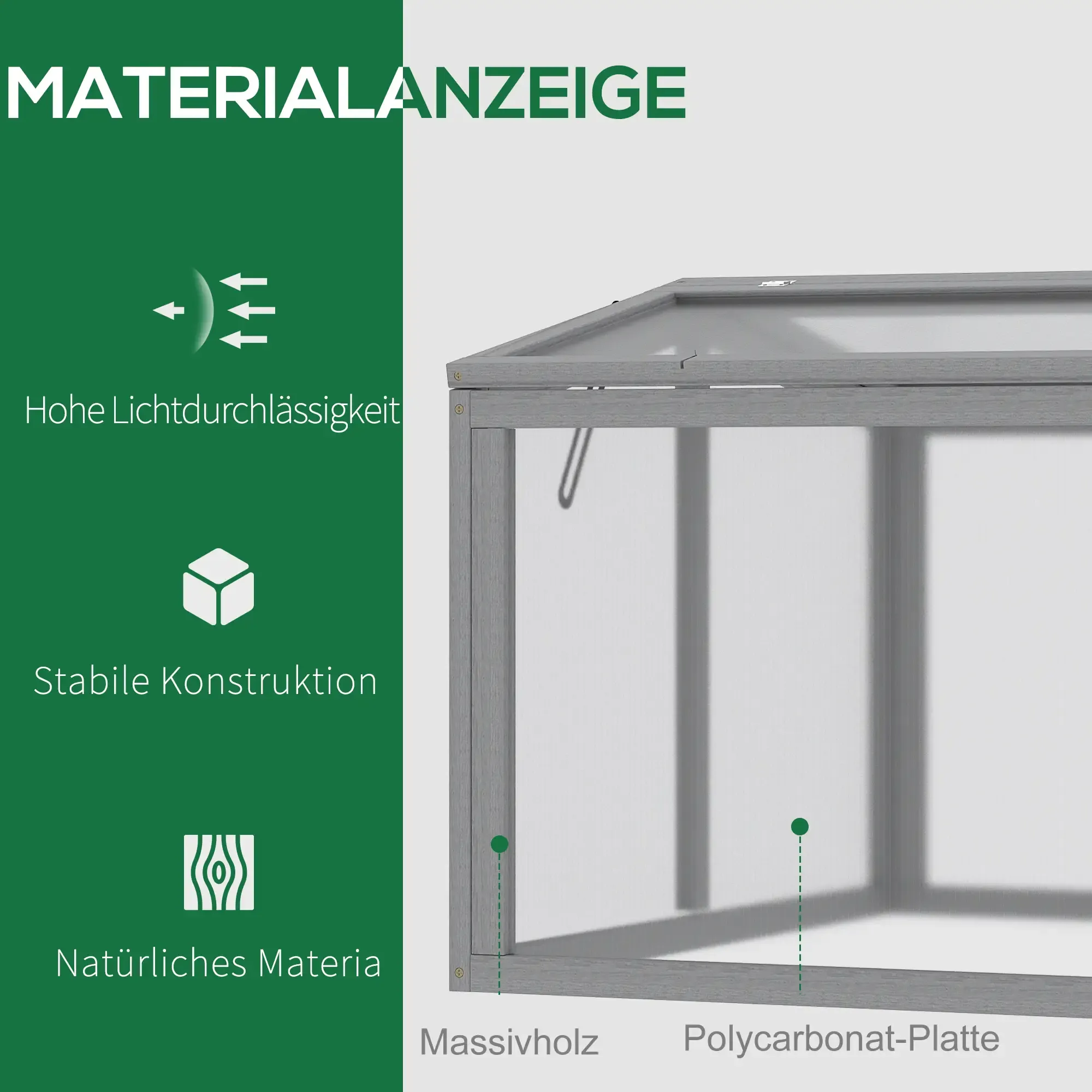 Nahaufnahme einer grauen Gewächshausecke, die den Rahmen, transparente Paneele und Materialeigenschaften zeigt.