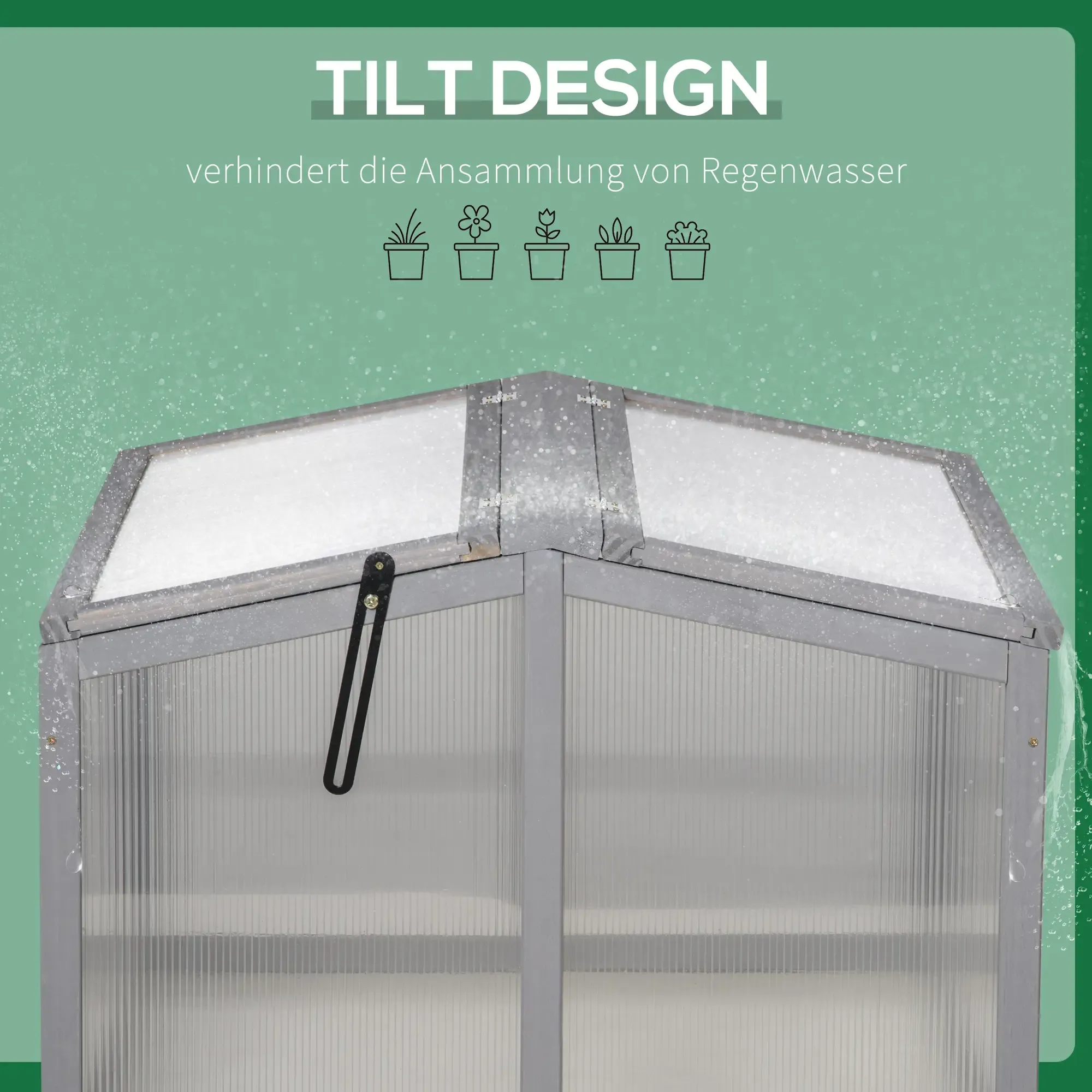 Nahaufnahme eines Gewächshausdachs mit geneigtem Design, das die Ansammlung von Regenwasser verhindert, dargestellt mit Pflanzensymbolen darüber.
