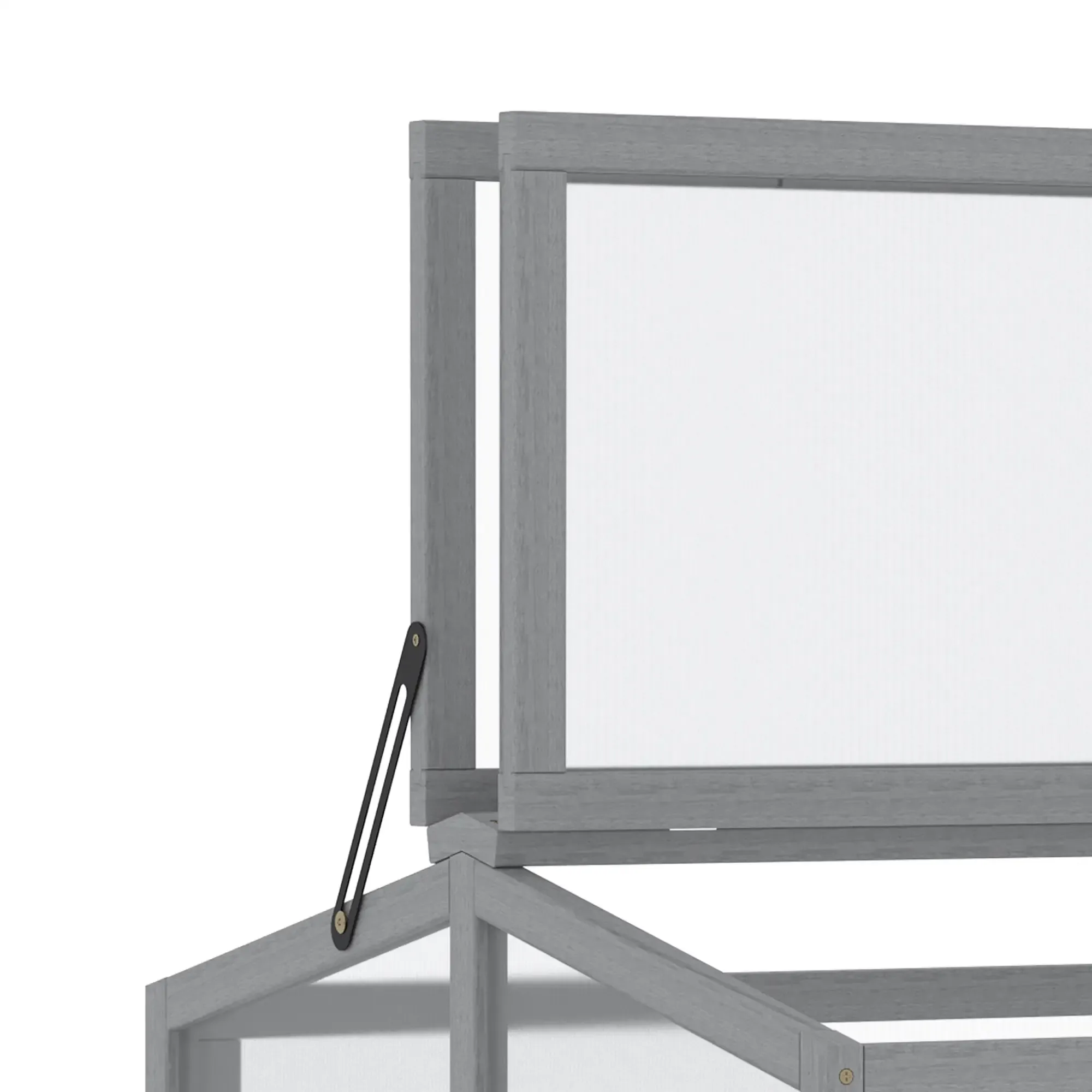 Eine Nahaufnahme zeigt den grauen Rahmen und die transparente Platte einer Gewächshauslüftung, die vor einem weißen Hintergrund teilweise geöffnet ist.