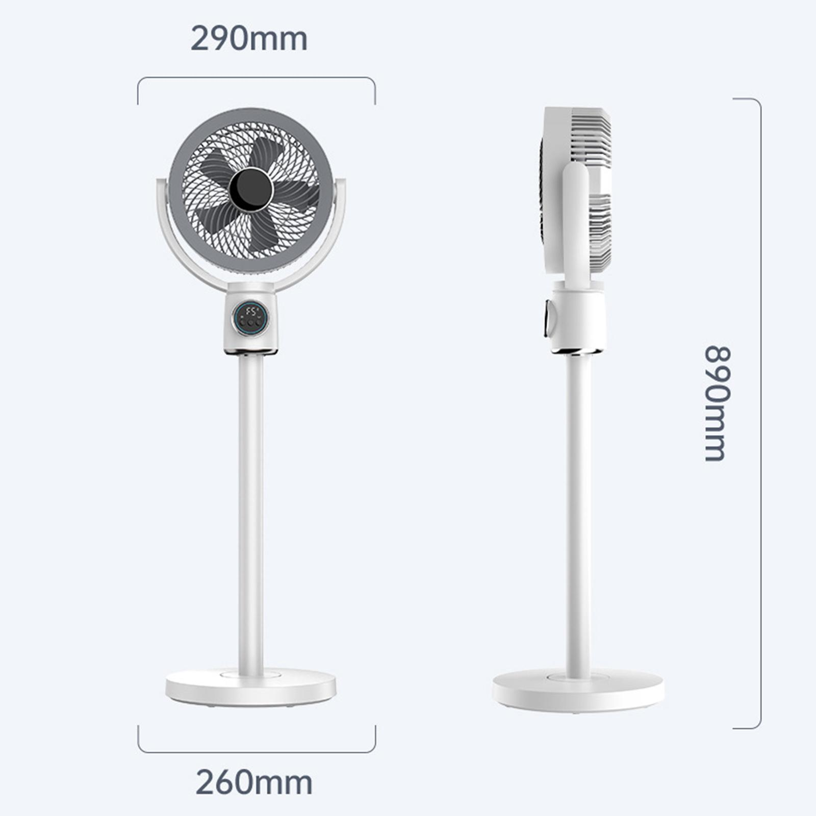 Diagramm mit den Abmessungen eines weißen Ventilators: 290 mm Breite, 890 mm Höhe und 260 mm Basisdurchmesser auf hellem Hintergrund.