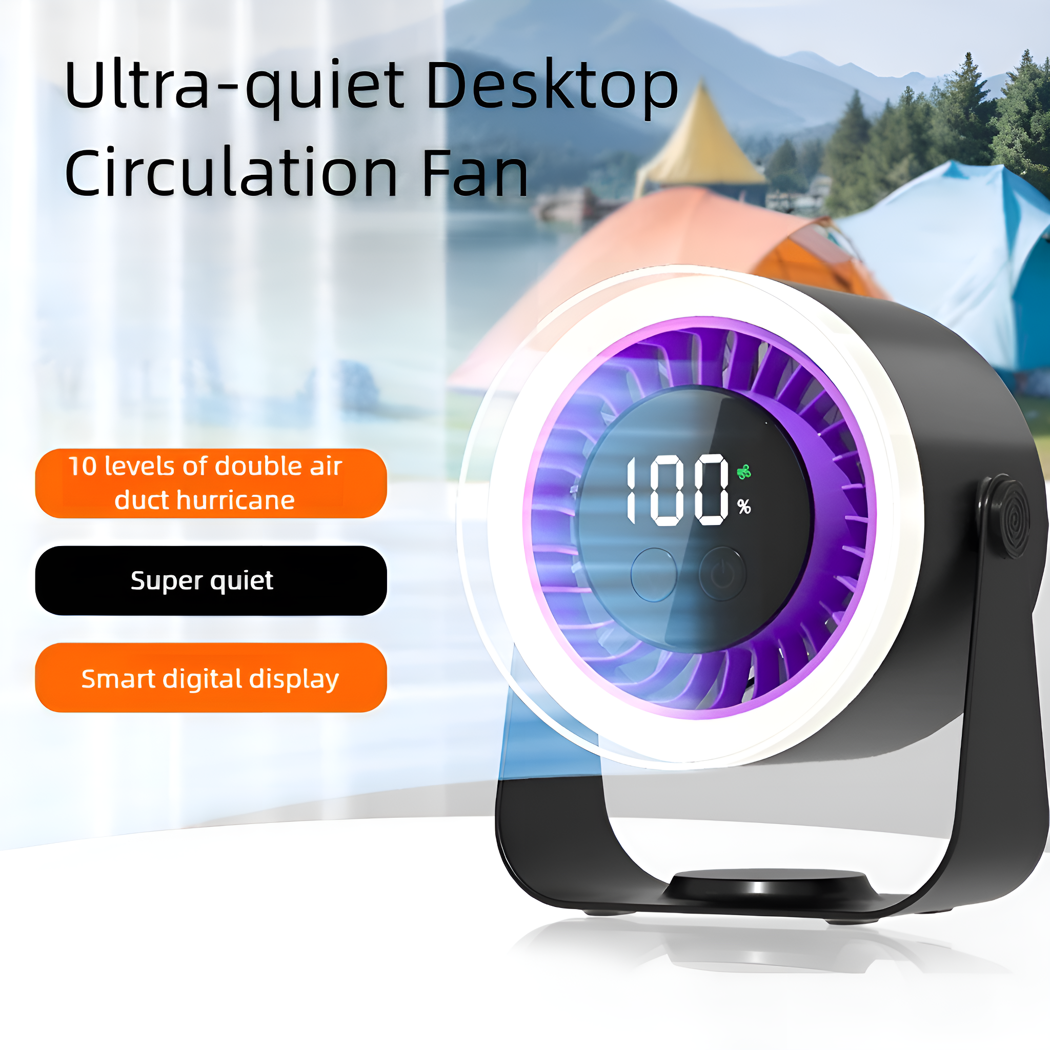 Schwarzer Tischventilator mit einer Digitalanzeige, die „100 %“ anzeigt, vor einem verschwommenen Hintergrund mit Zelten und Bäumen.