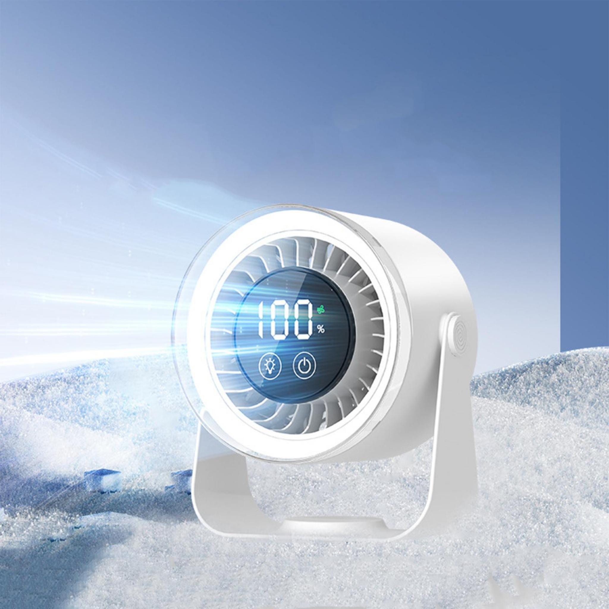 Ein weißer, runder Ventilator mit einer Digitalanzeige, die 100 % anzeigt, steht auf einer schneebedeckten Fläche vor blauem Himmel.
