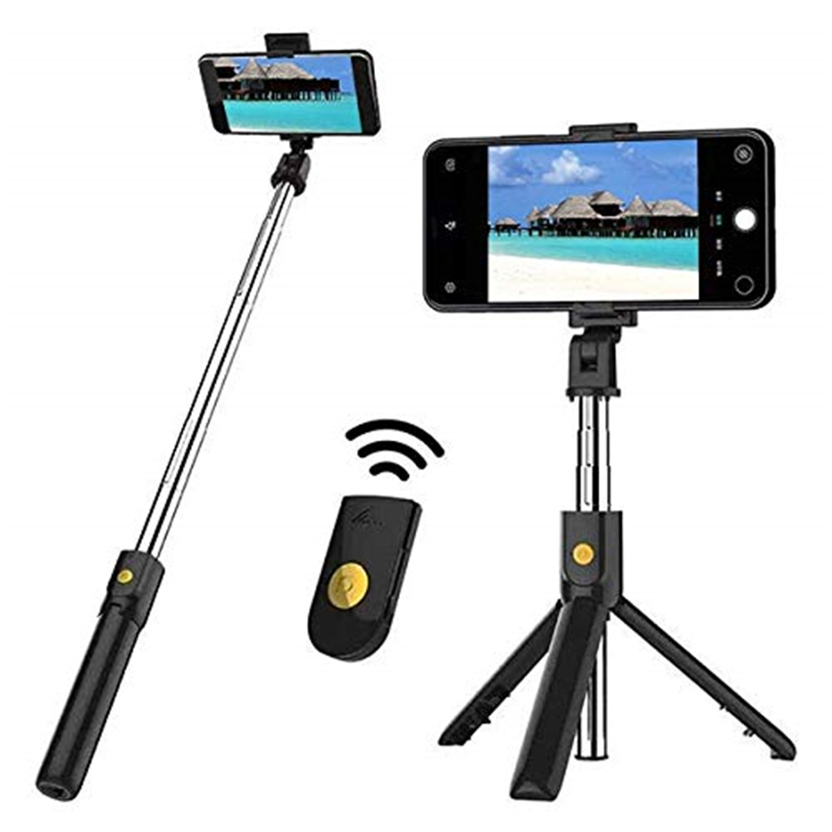 Ein schwarzer Selfie-Stick wird sowohl im ausgefahrenen als auch im Stativformat zusammen mit einer Fernbedienung auf einem weißen Hintergrund gezeigt.