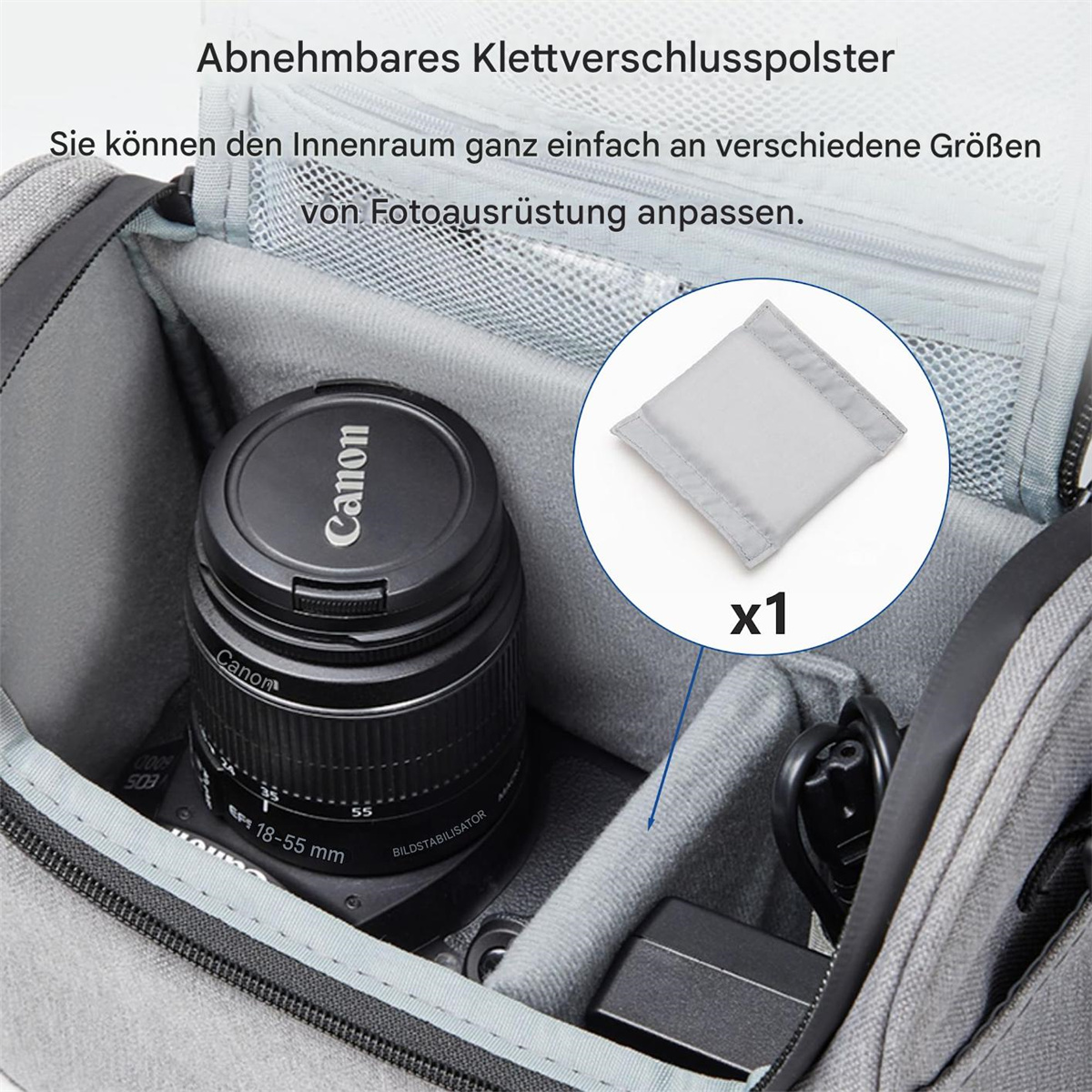 Das Innere einer grauen Kameratasche zeigt ein Canon-Objektiv, eine Trennwand und einen Netzadapter, was die Aufbewahrung hervorhebt.