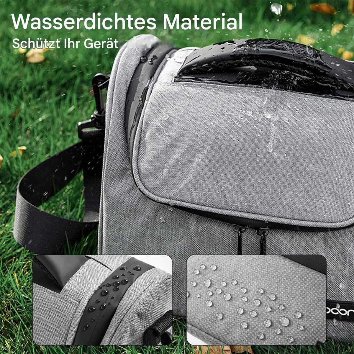 Eine graue Kameratasche mit der Aufschrift „wasserdicht“ zeigt Wassertropfen auf ihrer Oberfläche, was ihren Schutz hervorhebt.