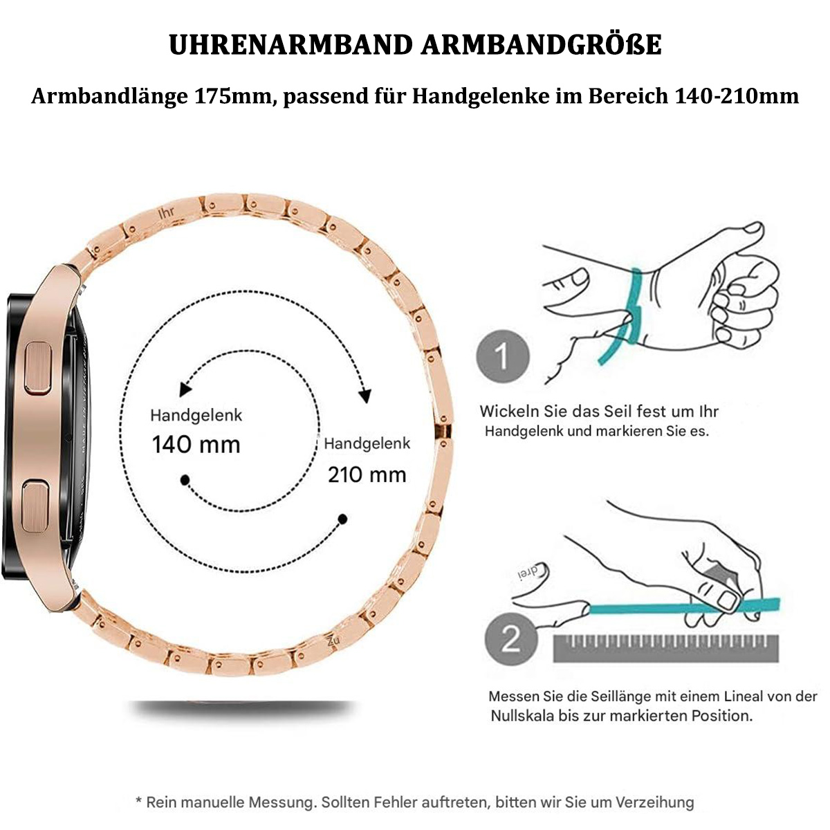 Ein Diagramm, das zeigt, wie man ein Handgelenk für ein Uhrenarmband misst, mit Text auf Deutsch.