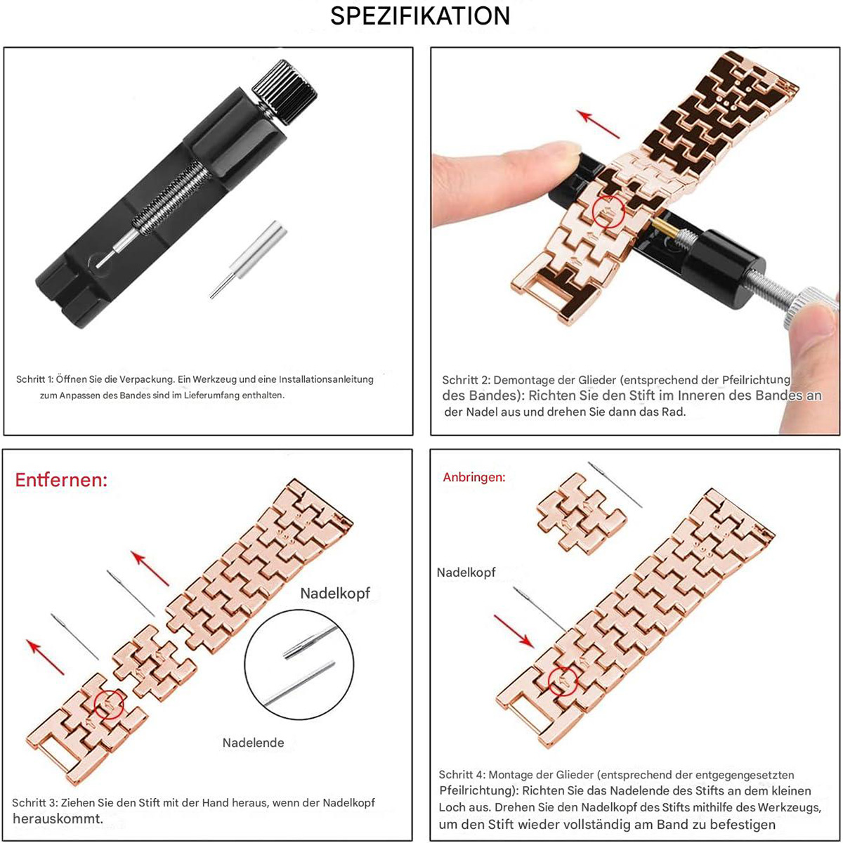 Collage, das die Schritte zum Entfernen von Gliedern aus einem roségoldenen Uhrenarmband zeigt, mit Text auf Deutsch.