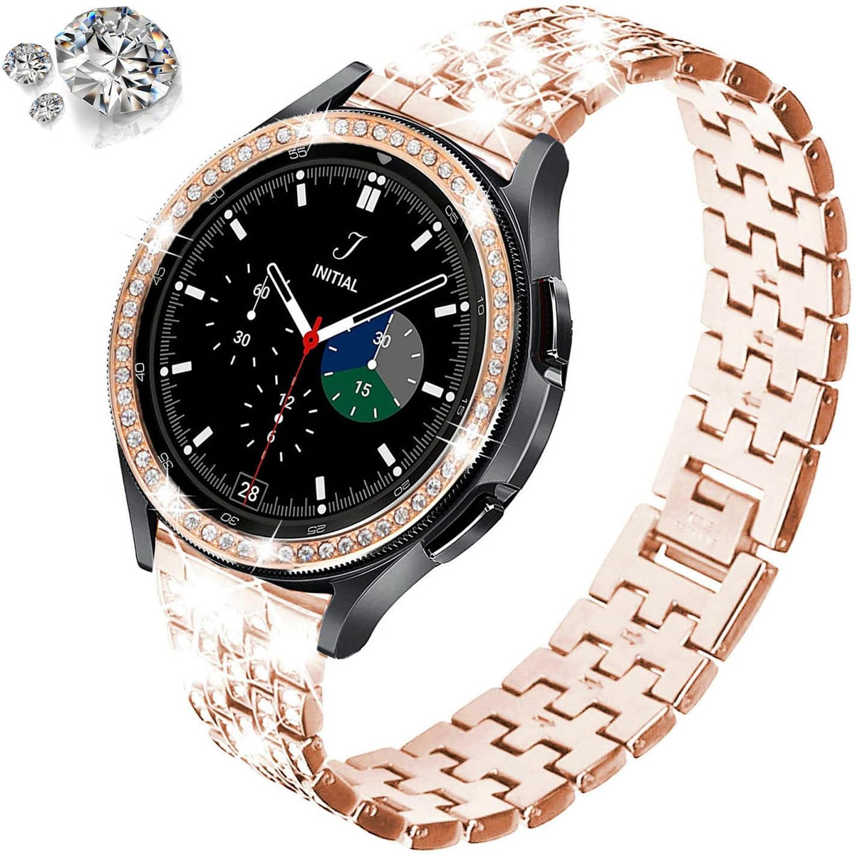 Eine schwarze Uhr mit einer juwelenbesetzten Lünette und einem roségoldenen Armband mit einer komplexen analogen Anzeige.