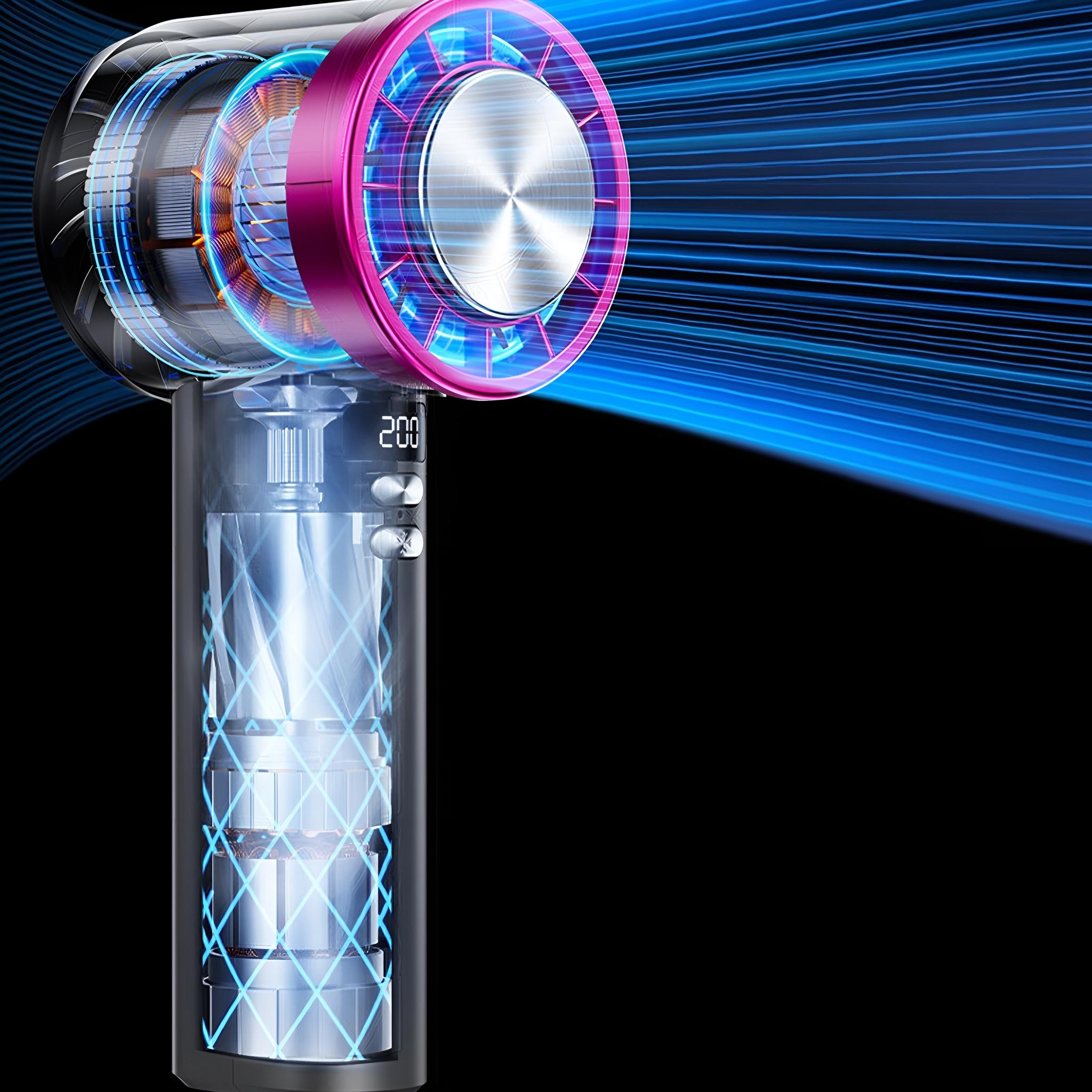 Ein transparenter Ventilator zeigt innere Komponenten und Luftstrom vor einem schwarzen Hintergrund.