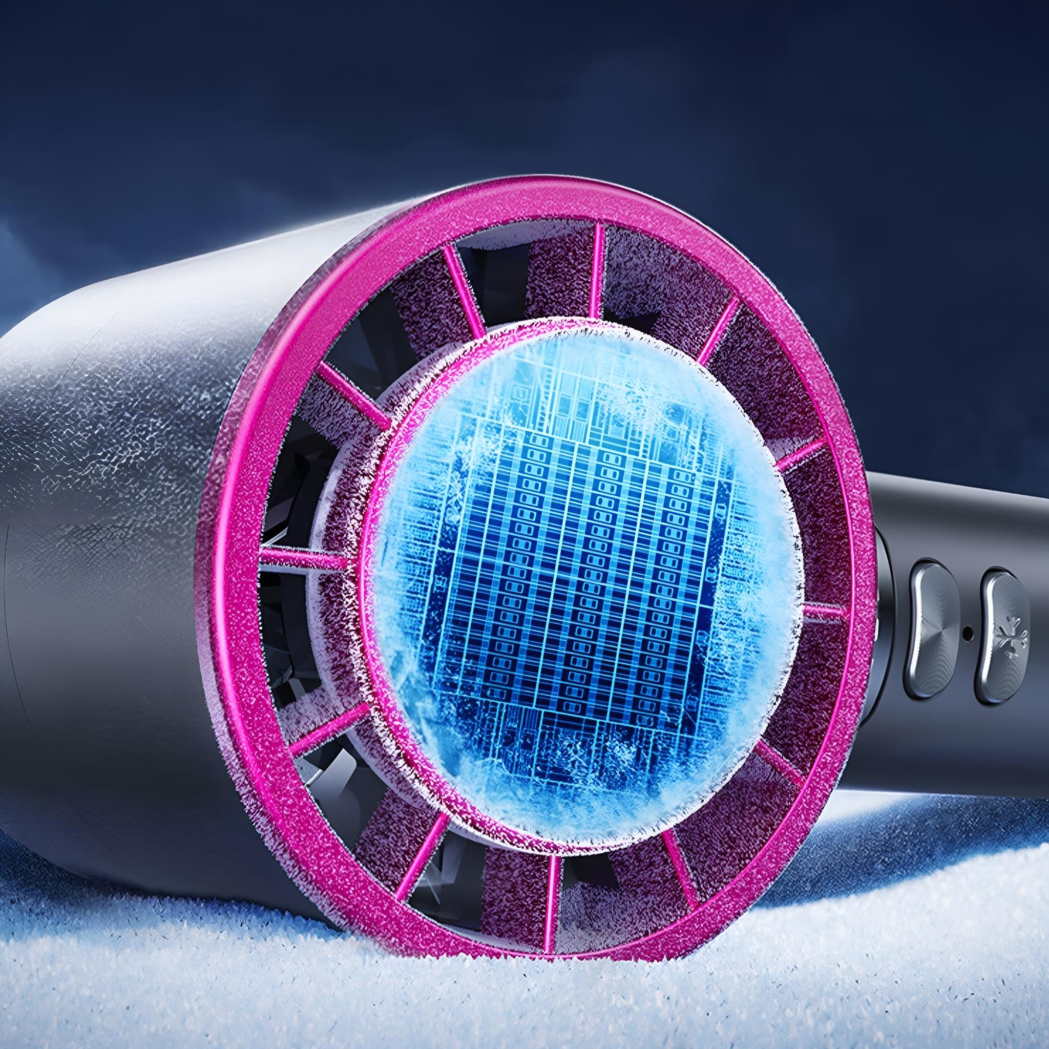 Eine Nahaufnahme eines grauen Ventilators mit rosa Zierleisten, der mit Frost bedeckt ist, vor einem blauen Hintergrund.