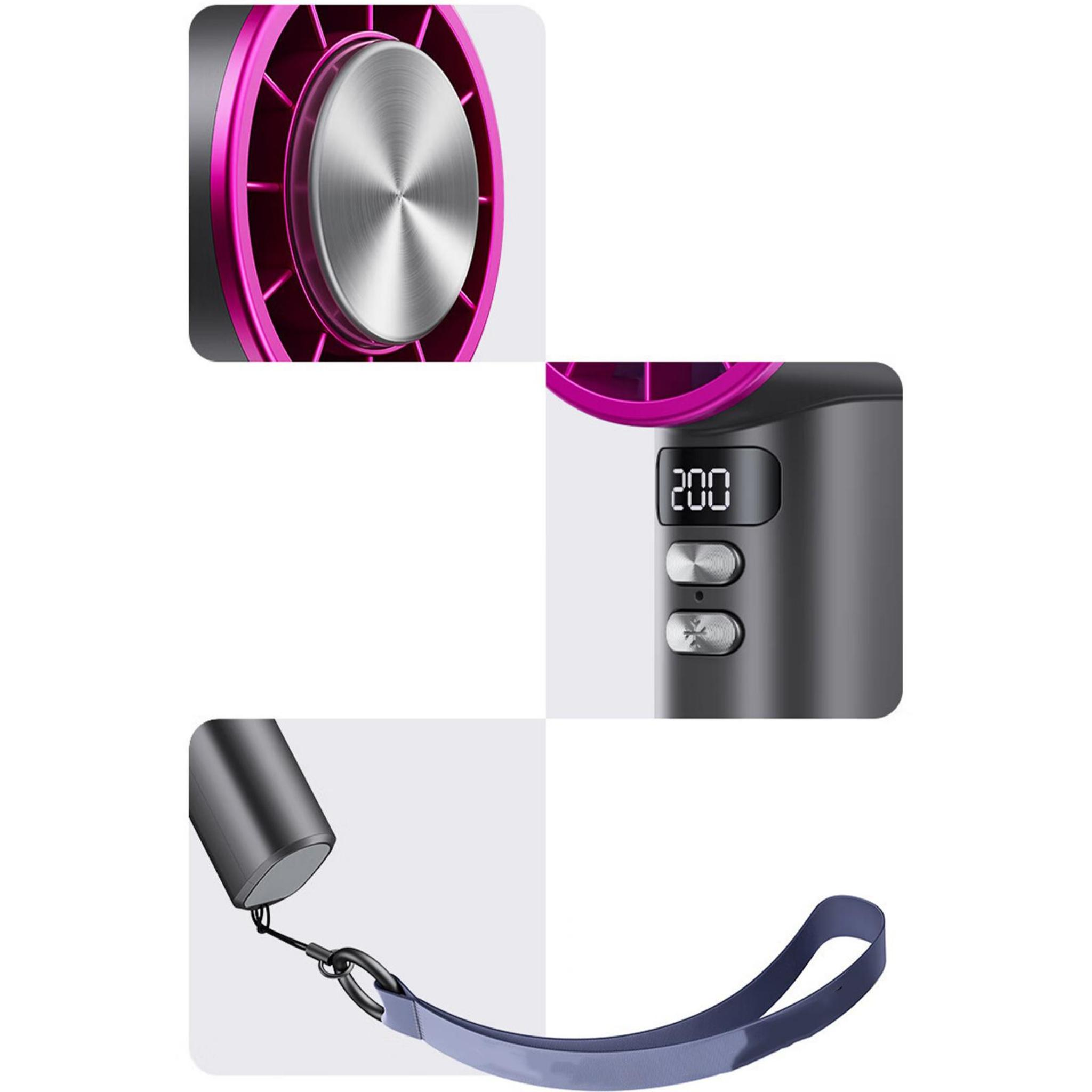 Nahaufnahme eines grauen Ventilators mit rosa Zierleisten, der seine Funktionen und das Schlüsselband detailliert beschreibt.