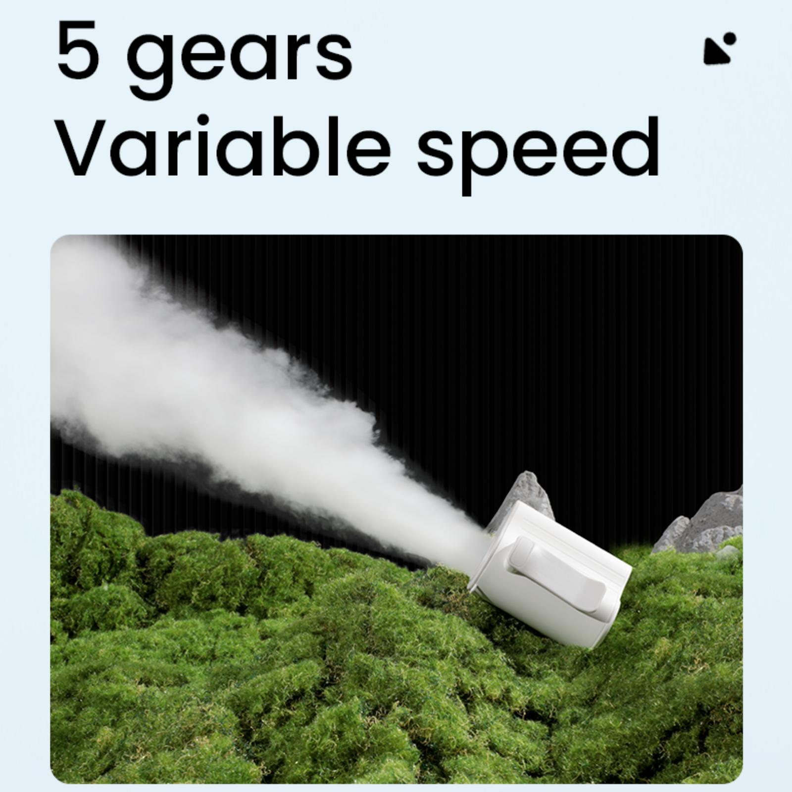 Der Text sagt 5 Gänge variable Geschwindigkeit, mit einem Bild eines weißen Geräts, das Rauch auf grünem Moos ausstößt.