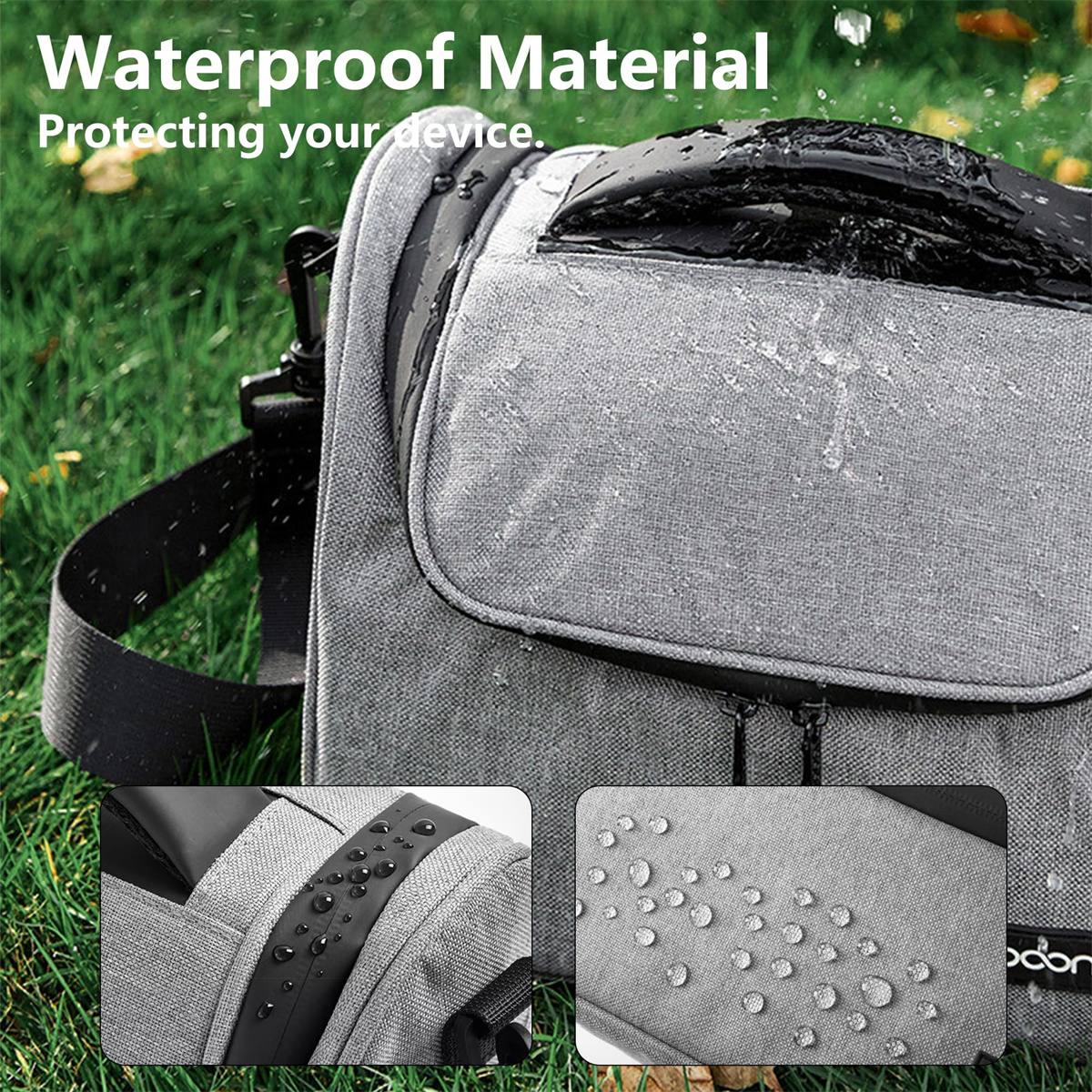 Eine graue wasserdichte Tasche mit Wassertropfen liegt auf dem Gras.