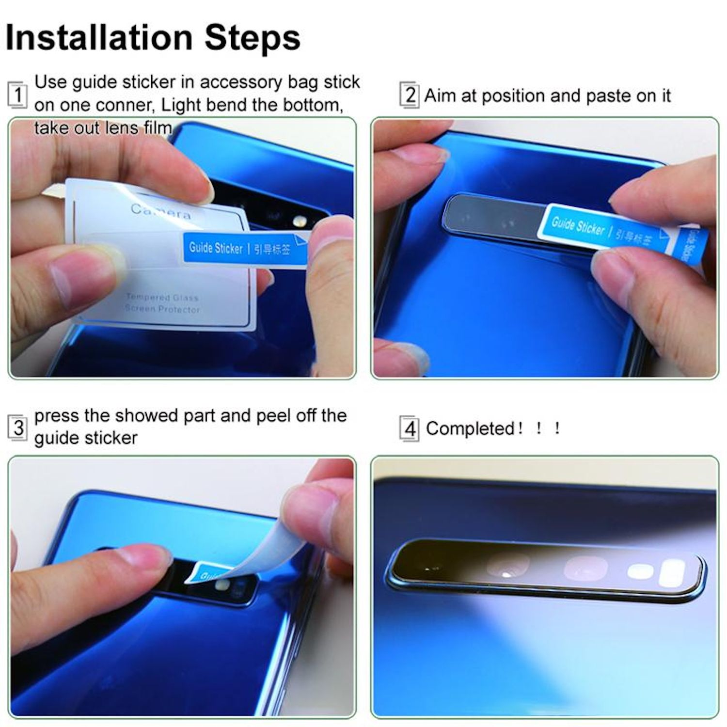 Vier Bilder zeigen Schritte zur Installation eines Kameraobjektivschutzes auf einem blauen Smartphone.