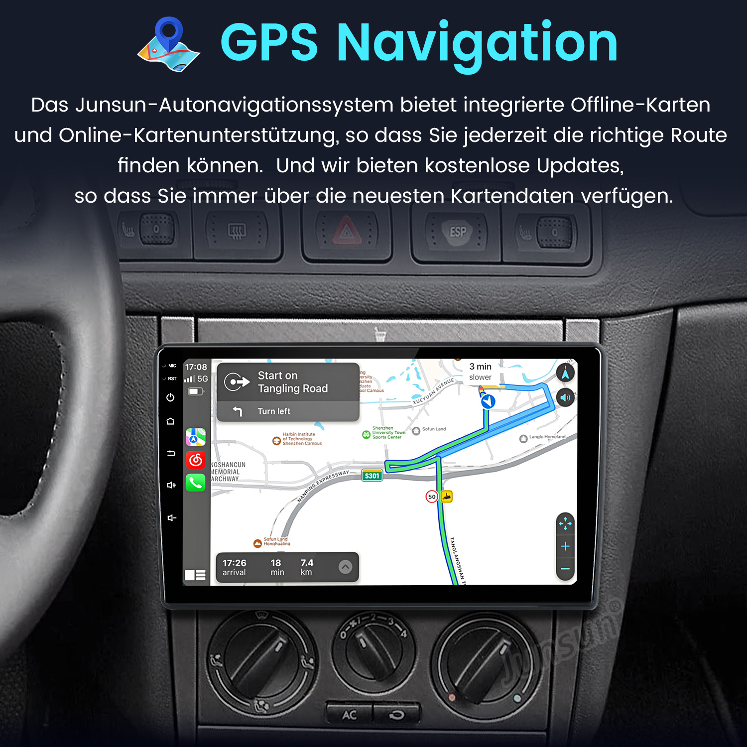 Deska rozdzielcza samochodu wyposażona jest w ekran nawigacji GPS wyświetlający szczegóły mapy i trasy.