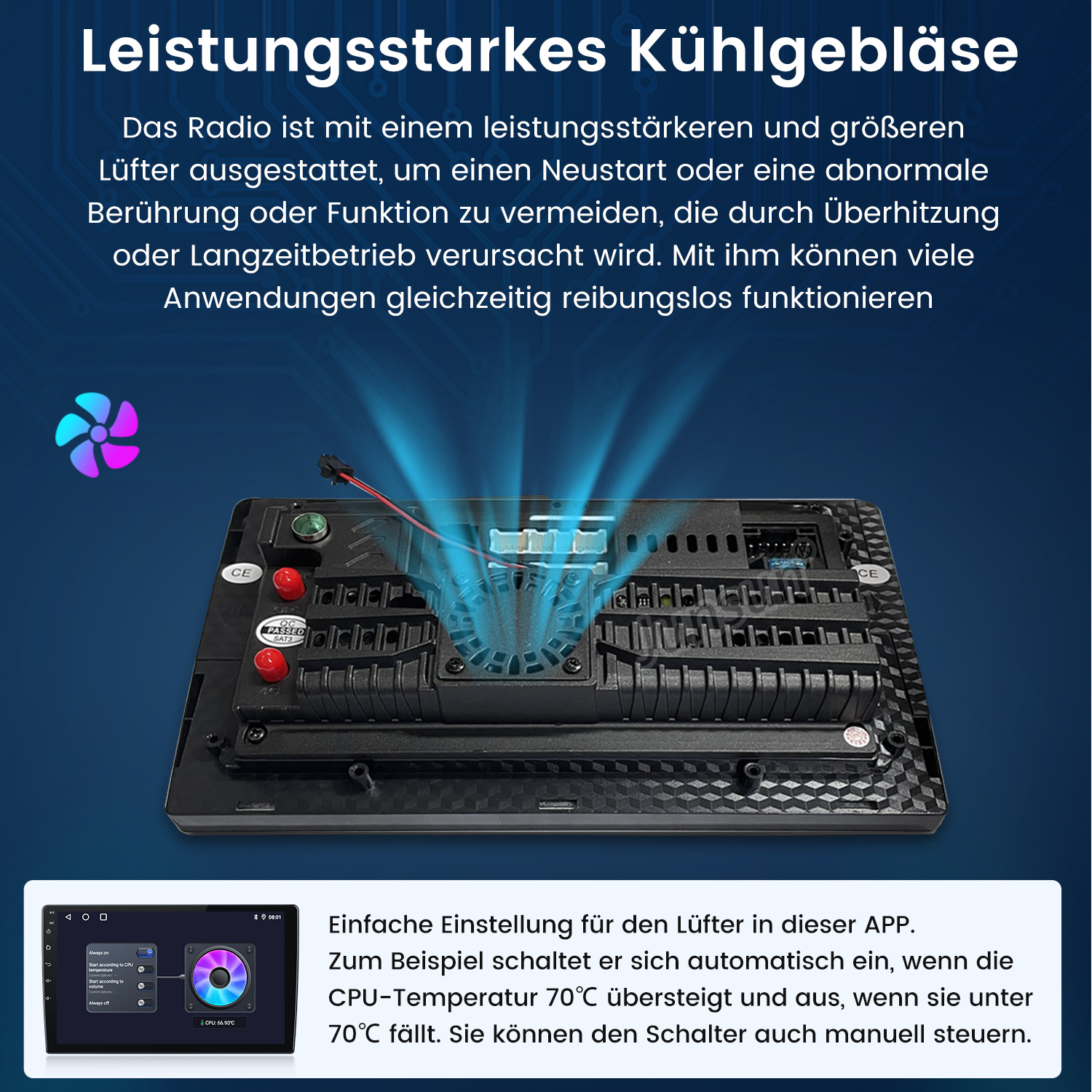 Bild eines Kühlgebläses in einem Autoradio, mit Text über seine hohe Leistung und Einstellungen.