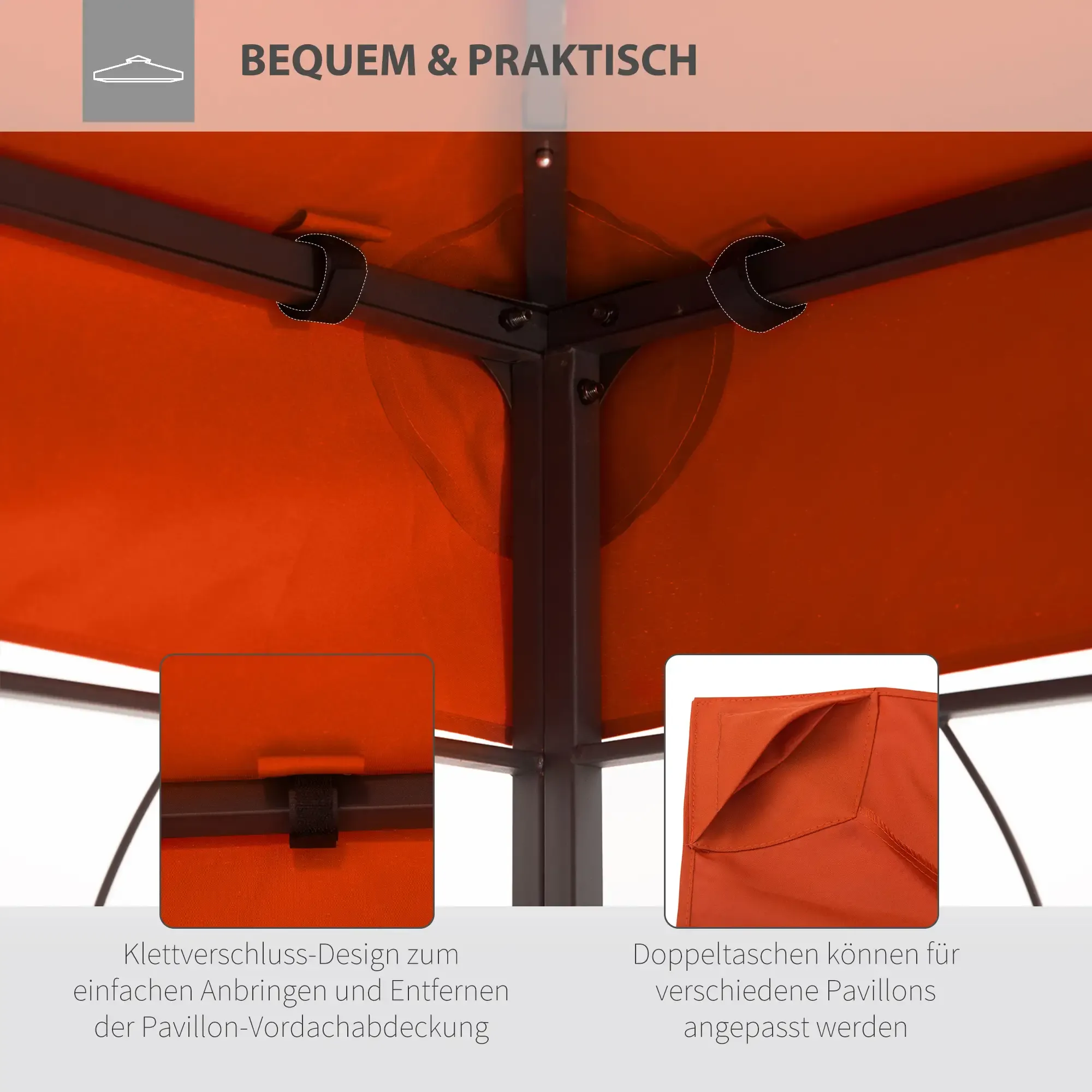 Eine Nahaufnahme zeigt die Klettverschlüsse und Doppeltaschen des orangefarbenen Pavillons, die sein praktisches Design hervorheben.
