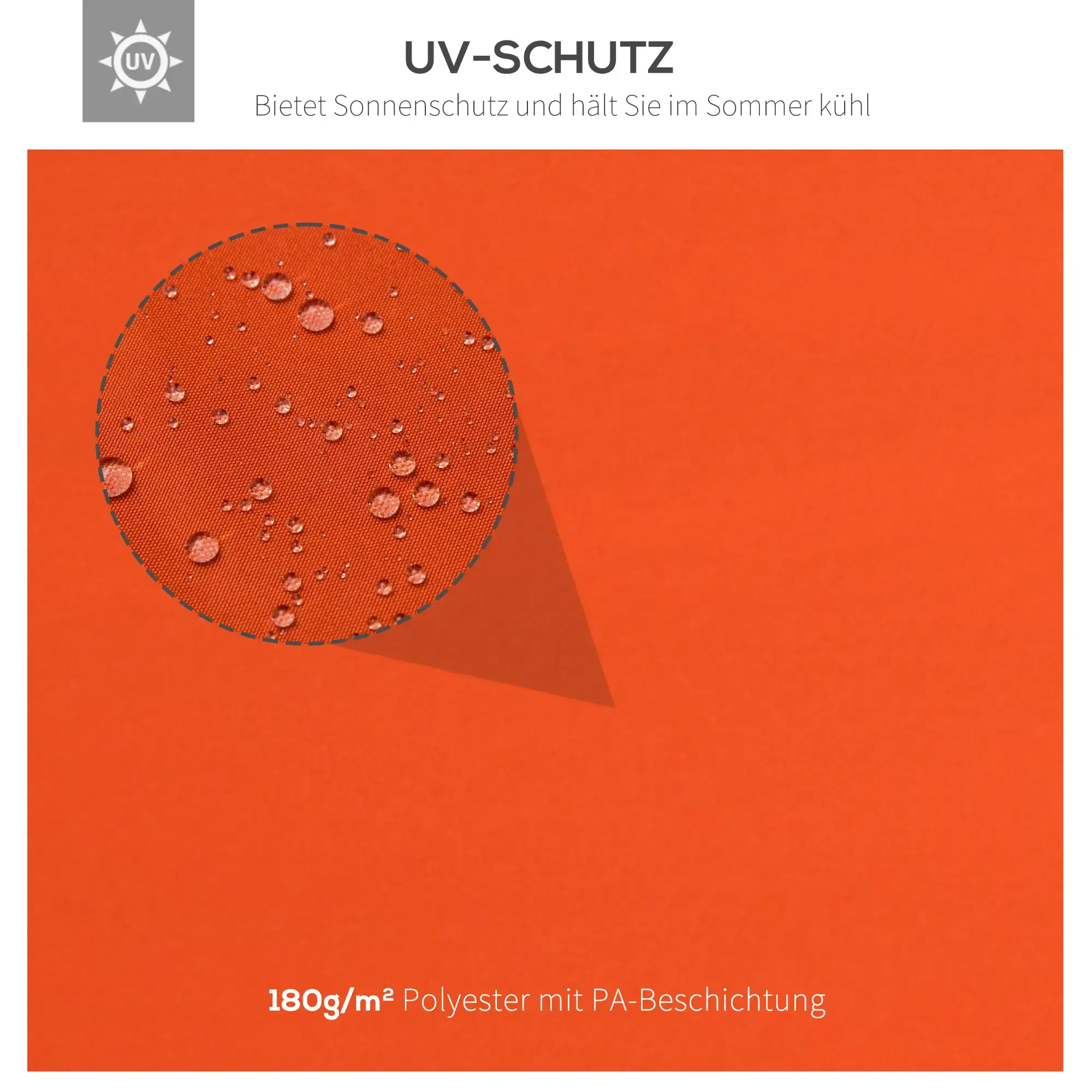 Nahaufnahme von orangefarbenem Stoff mit Wassertröpfchen, der UV-Schutz und 180g/m² Polyester mit PA-Beschichtung zeigt.