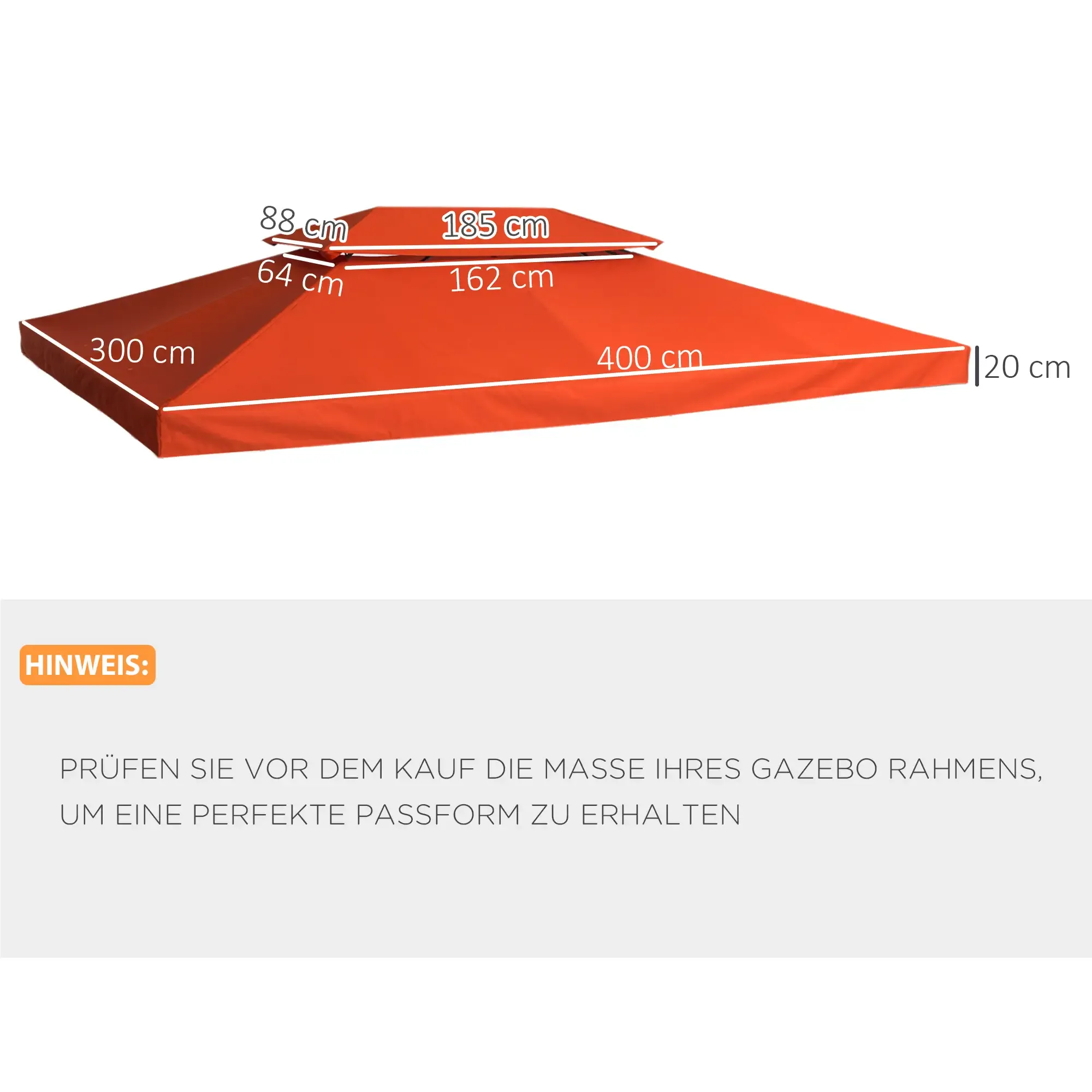 Ein Diagramm zeigt die Abmessungen eines orangefarbenen Gazebodachs mit dem Hinweis, die Maße vor dem Kauf zu überprüfen.