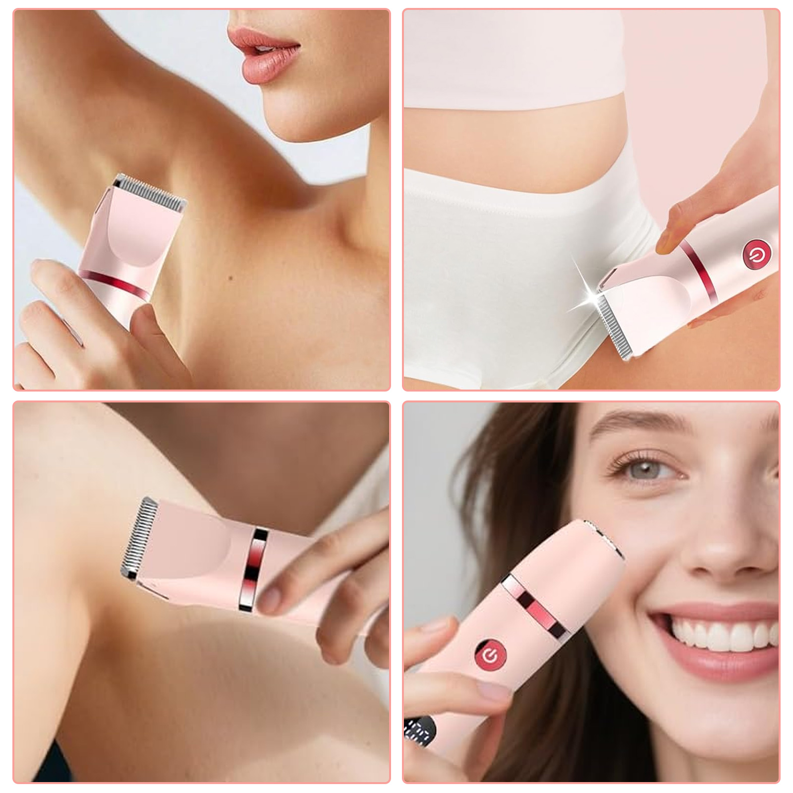 Vier Bilder zeigen, wie ein rosa Rasierer an Achseln und im Bikinibereich verwendet wird.