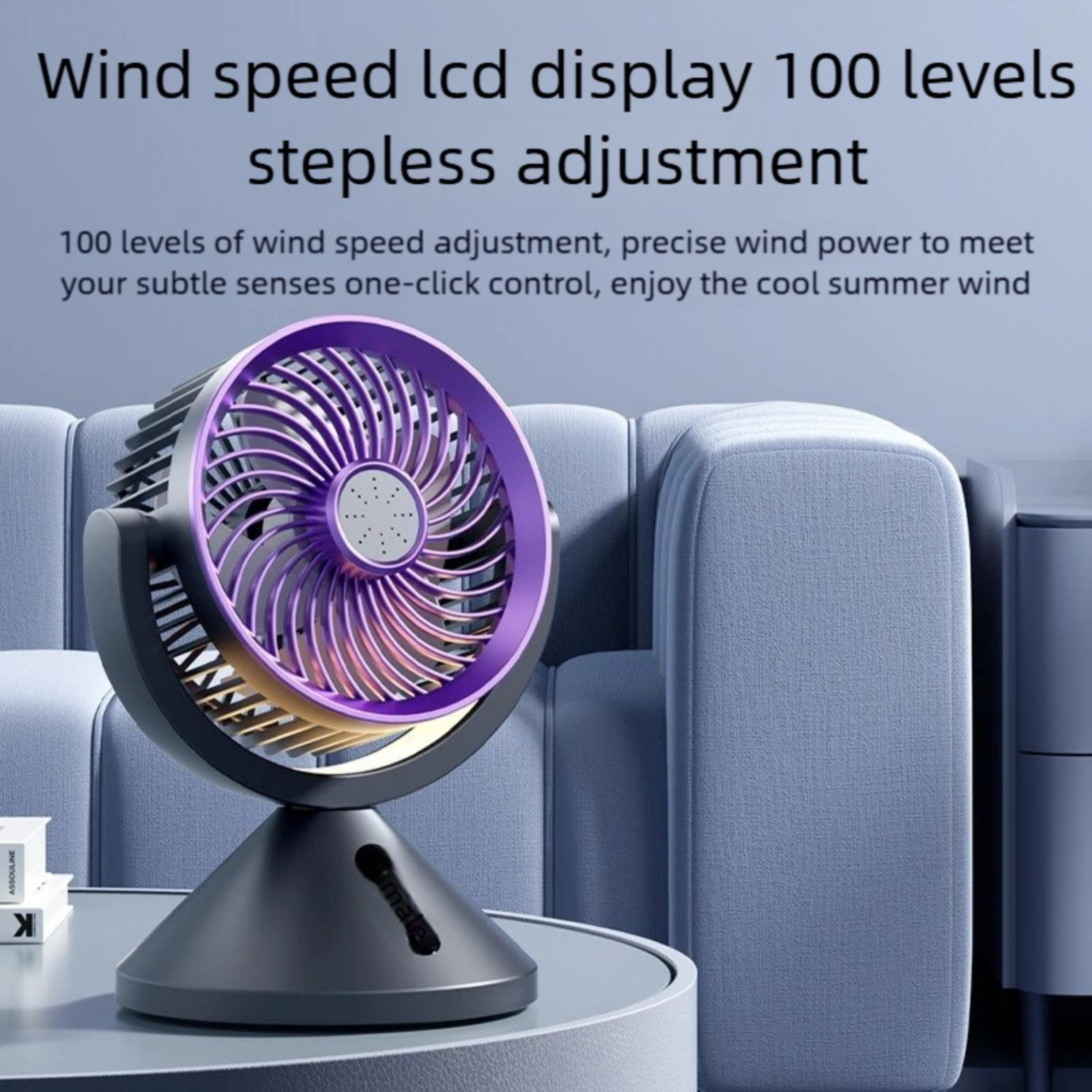 Ein schwarzer Tischventilator mit einem lila Ring steht auf einem Tisch, im Hintergrund eine Couch. Text zeigt die Windgeschwindigkeit an.