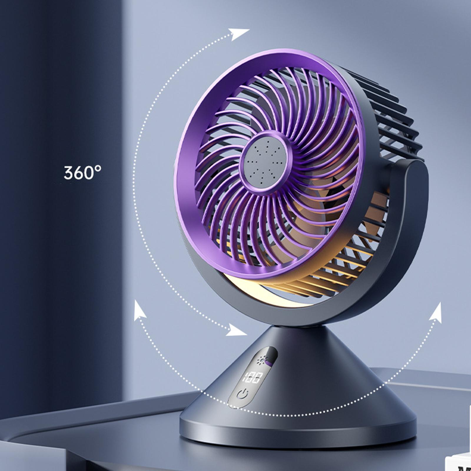 Ein Tischventilator mit einem lila Ring dreht sich um 360 Grad und wird auf einer dunkelgrauen Oberfläche angezeigt.