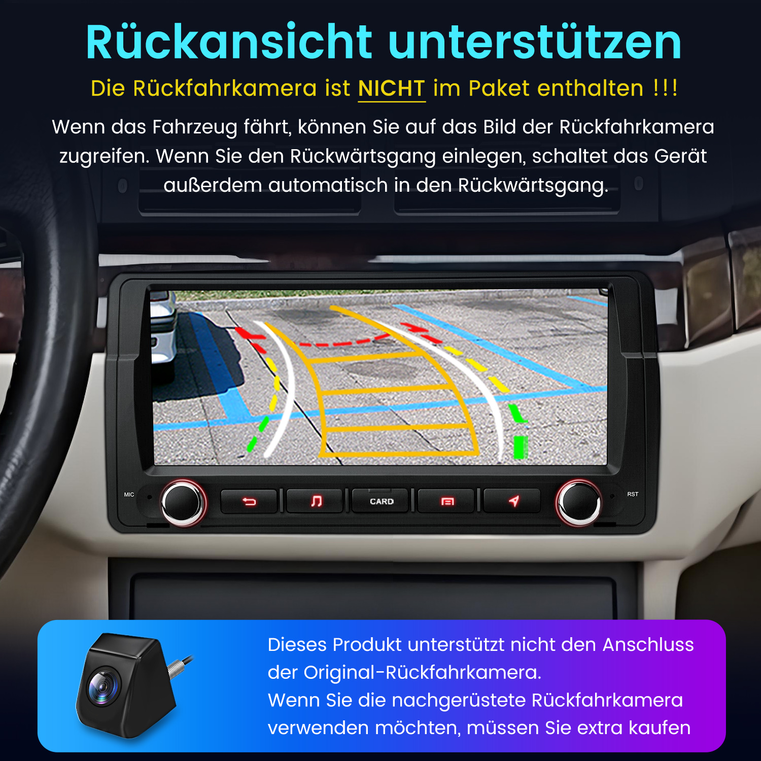 Der Armaturenbrettbildschirm eines Autos zeigt eine Rückfahrkameraansicht mit Richtlinien im Fahrzeuginneren.