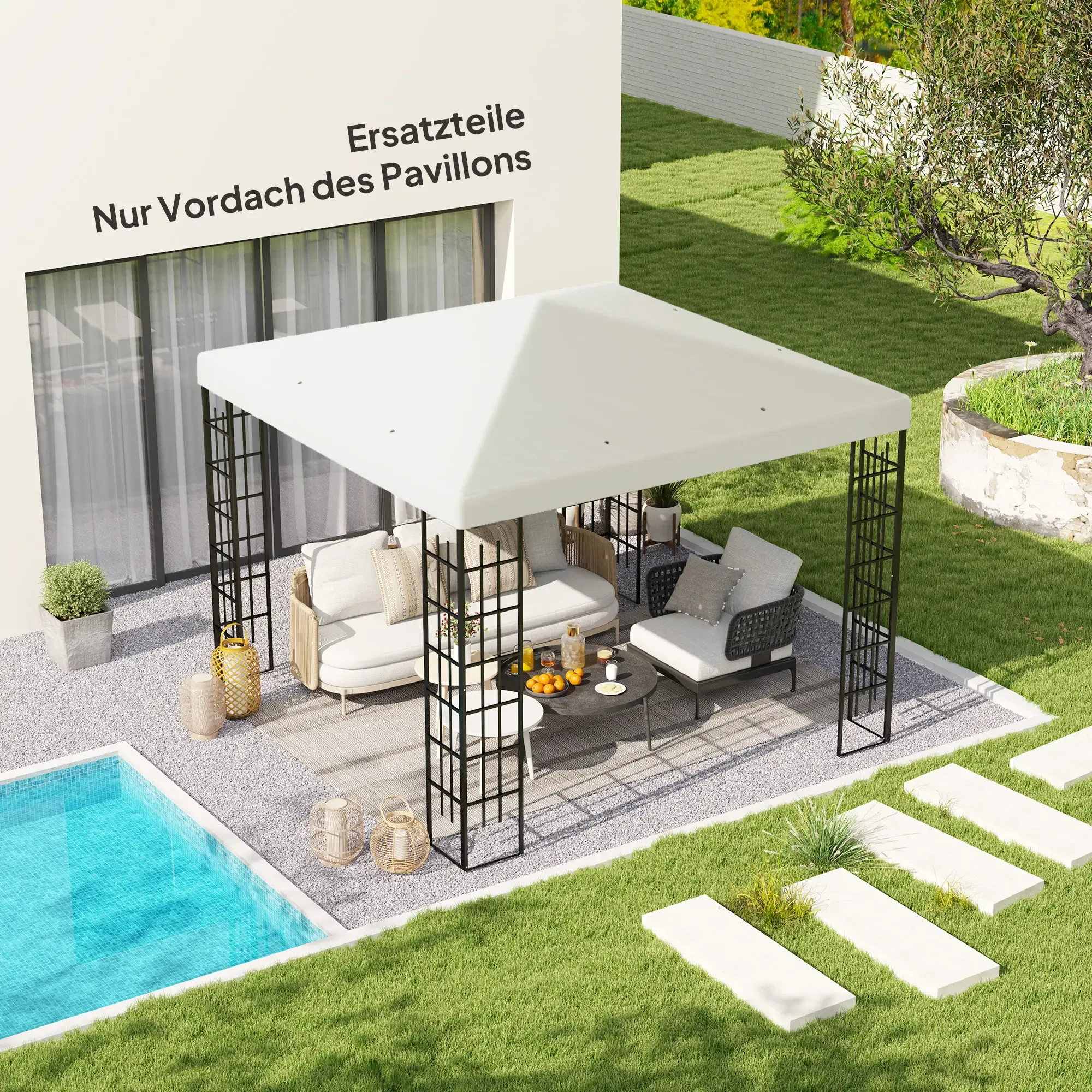 Ein Pavillon mit einem weißen Dach bedeckt Sitzgelegenheiten im Freien in der Nähe eines Pools und eines angelegten Gartens an einem sonnigen Tag.