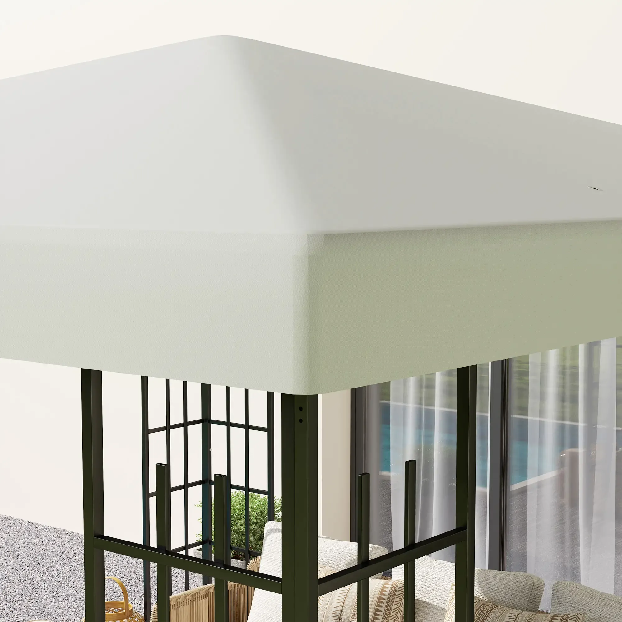 Die weiße Dachspitze eines Pavillons wird aus der Nähe gezeigt, wobei der Rahmen und die Sitzgelegenheiten im Freien darunter sichtbar sind.