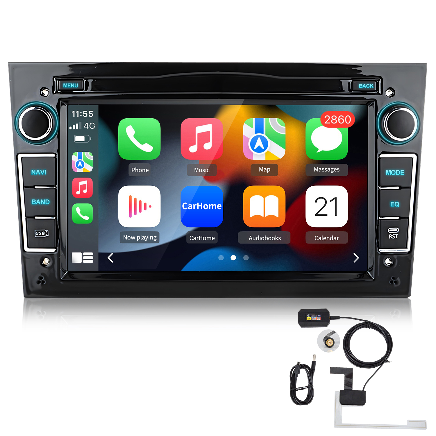 Auto-Infotainment-System mit App-Symbolen auf dem Bildschirm, darunter Telefon, Musik, Karten und Kalender.