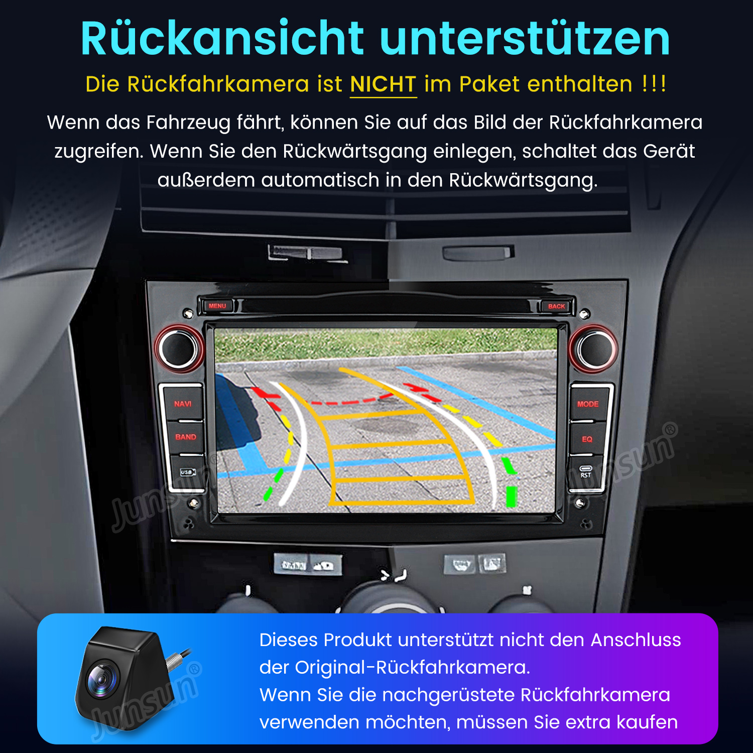 Auto-Infotainment-System mit Rückfahrkameraansicht mit Führungslinien zur Einparkhilfe.