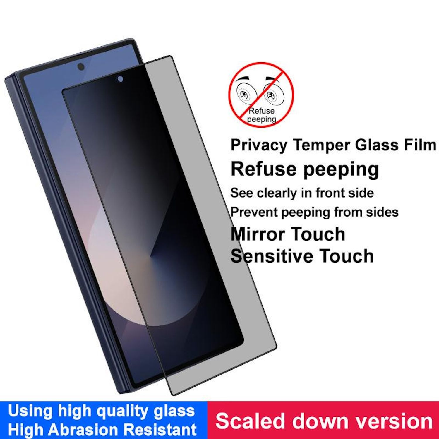 Eine Blickschutzfolie für ein Telefon, die Text über die Ablehnung von Spähens und hochwertigem Glas zeigt.