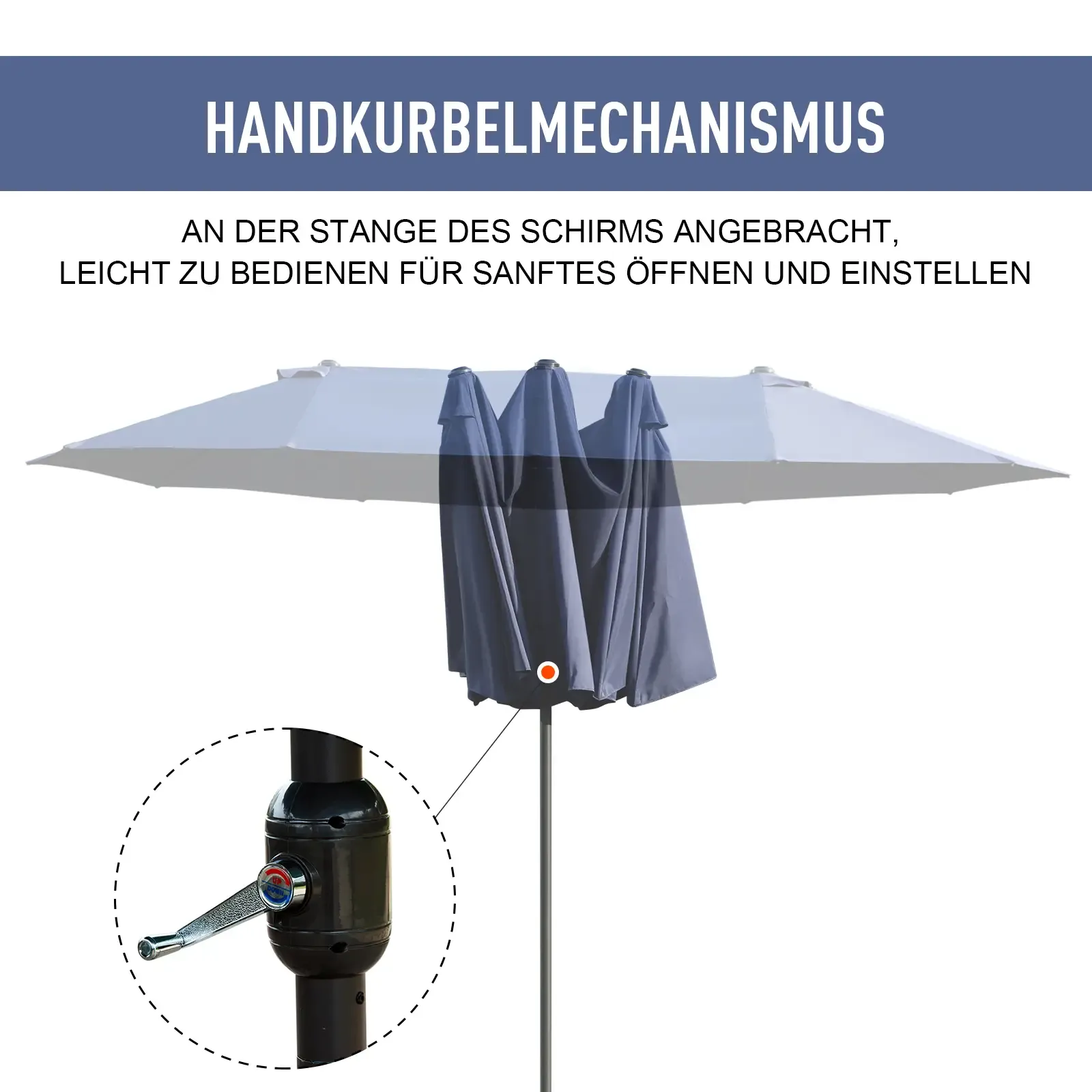 Nahaufnahme eines Kurbelmechanismus an einer großen Sonnenschirmstange zum einfachen Öffnen und Verstellen.