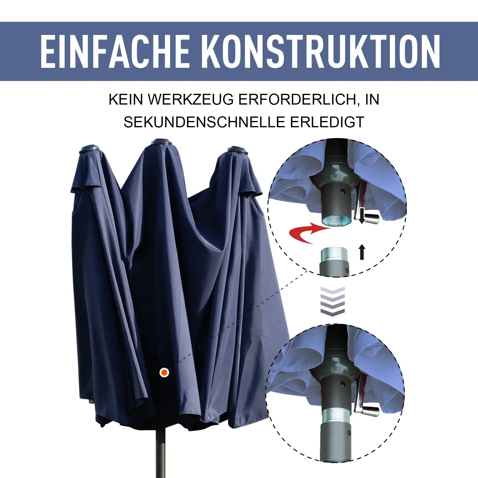 Illustrative Ansicht der Schirmmastmontage, die einen einfachen, werkzeuglosen Aufbau in Sekundenschnelle zeigt.