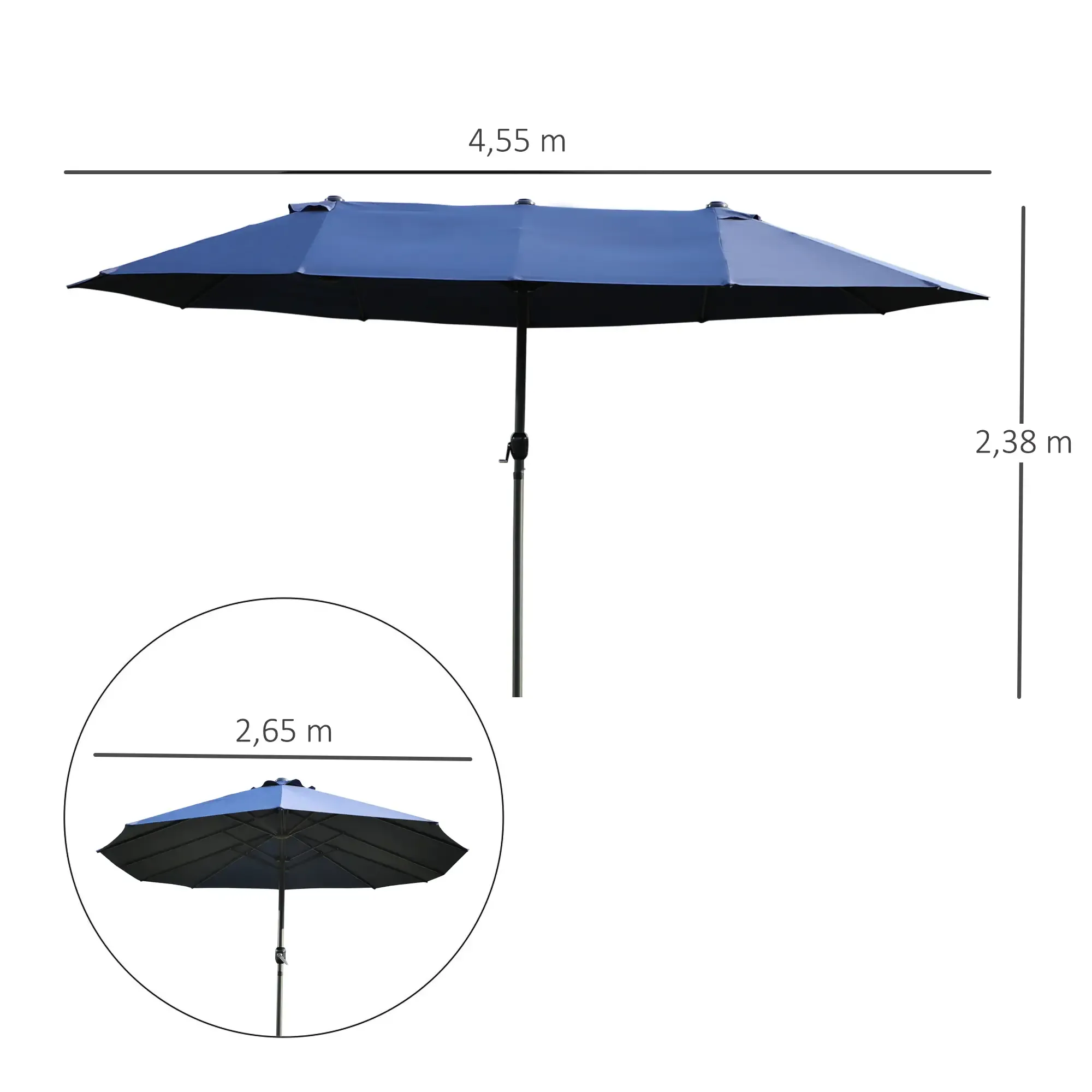 Diagramm mit den Maßen eines marineblauen Terrassenschirms mit 4,55 m Breite und 2,38 m Höhe.