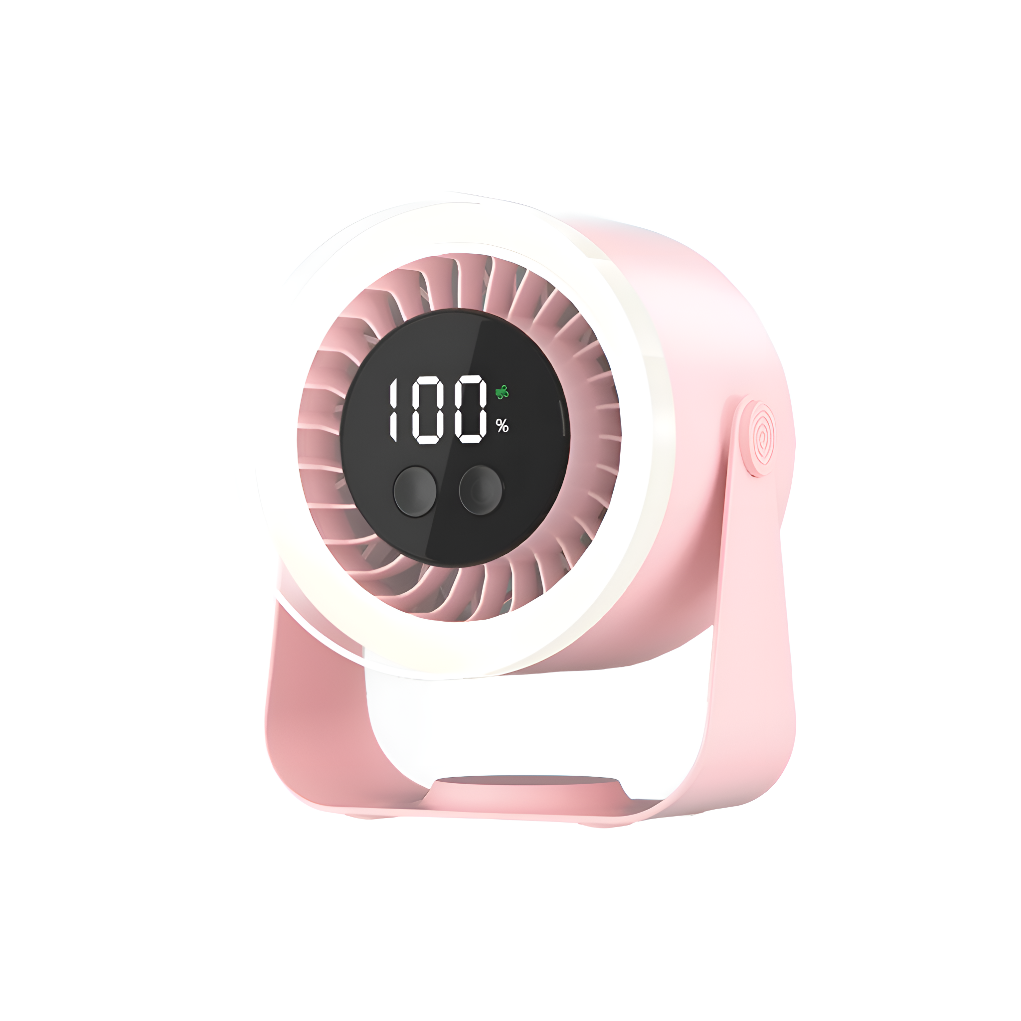 Ein rosa kreisförmiger Ventilator mit einer Digitalanzeige und einem weißen Lichtring darum herum.