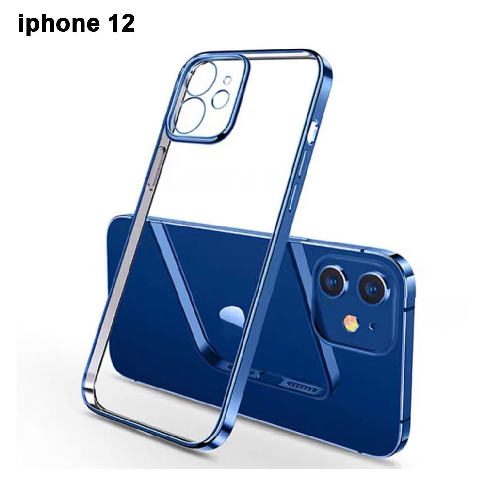 Eine durchsichtige und blaue Handyhülle ist gegen ein blaues iPhone 12 gelehnt.