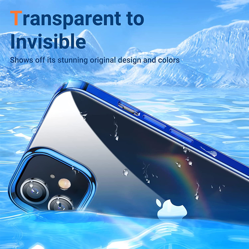 Eine blaue iPhone-Hülle, die in Wasser getaucht ist, mit Bergen im Hintergrund.