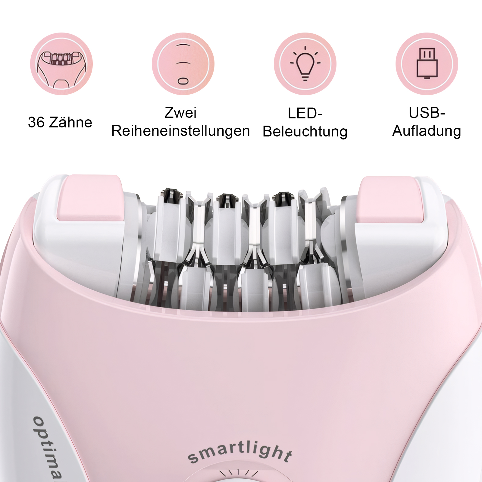 Eine Nahaufnahme eines rosa-weißen Epiliererkopfes mit Metallpinzetten und LED-Beleuchtung.
