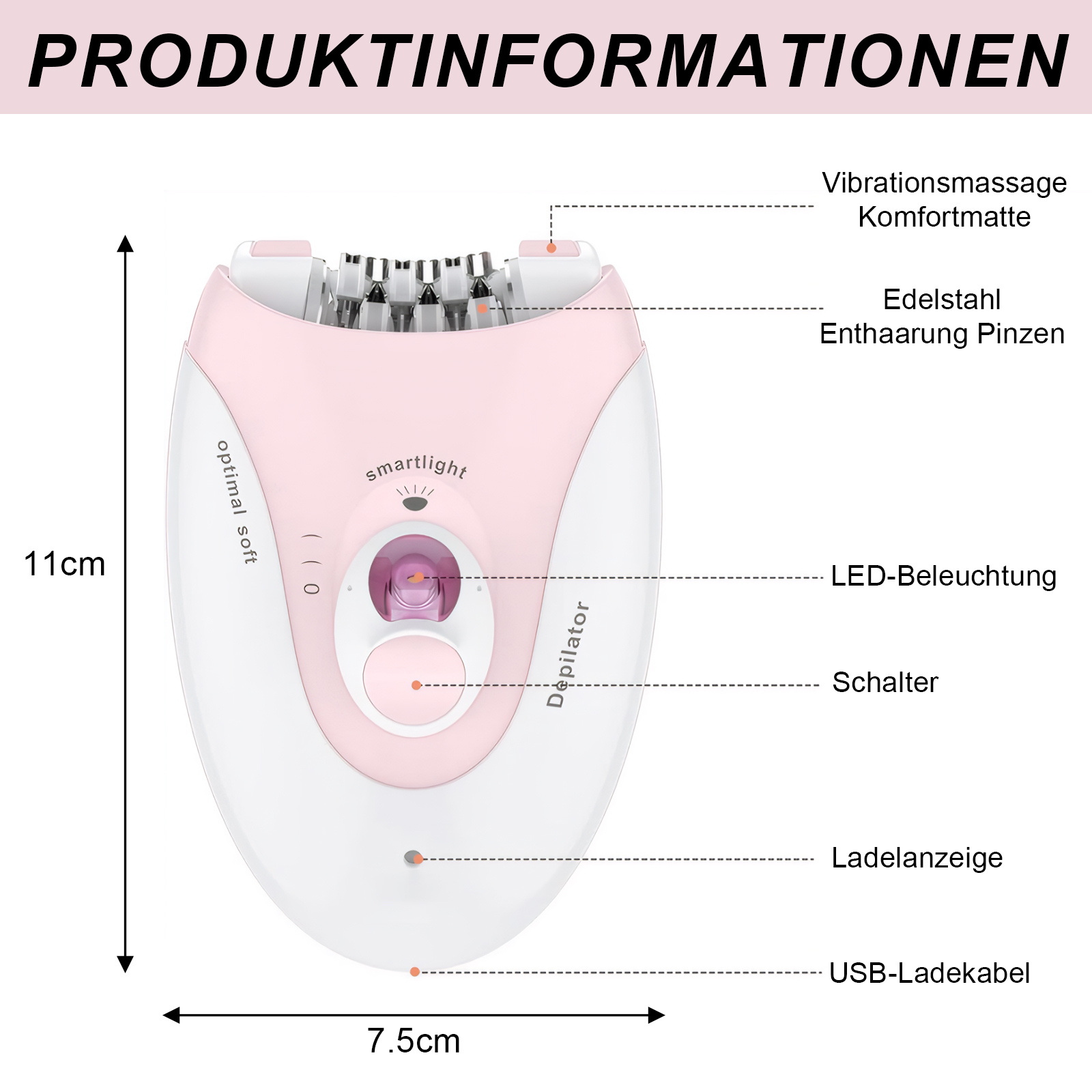 Ein Diagramm zeigt die Maße und Eigenschaften eines rosa-weißen Epilierers.