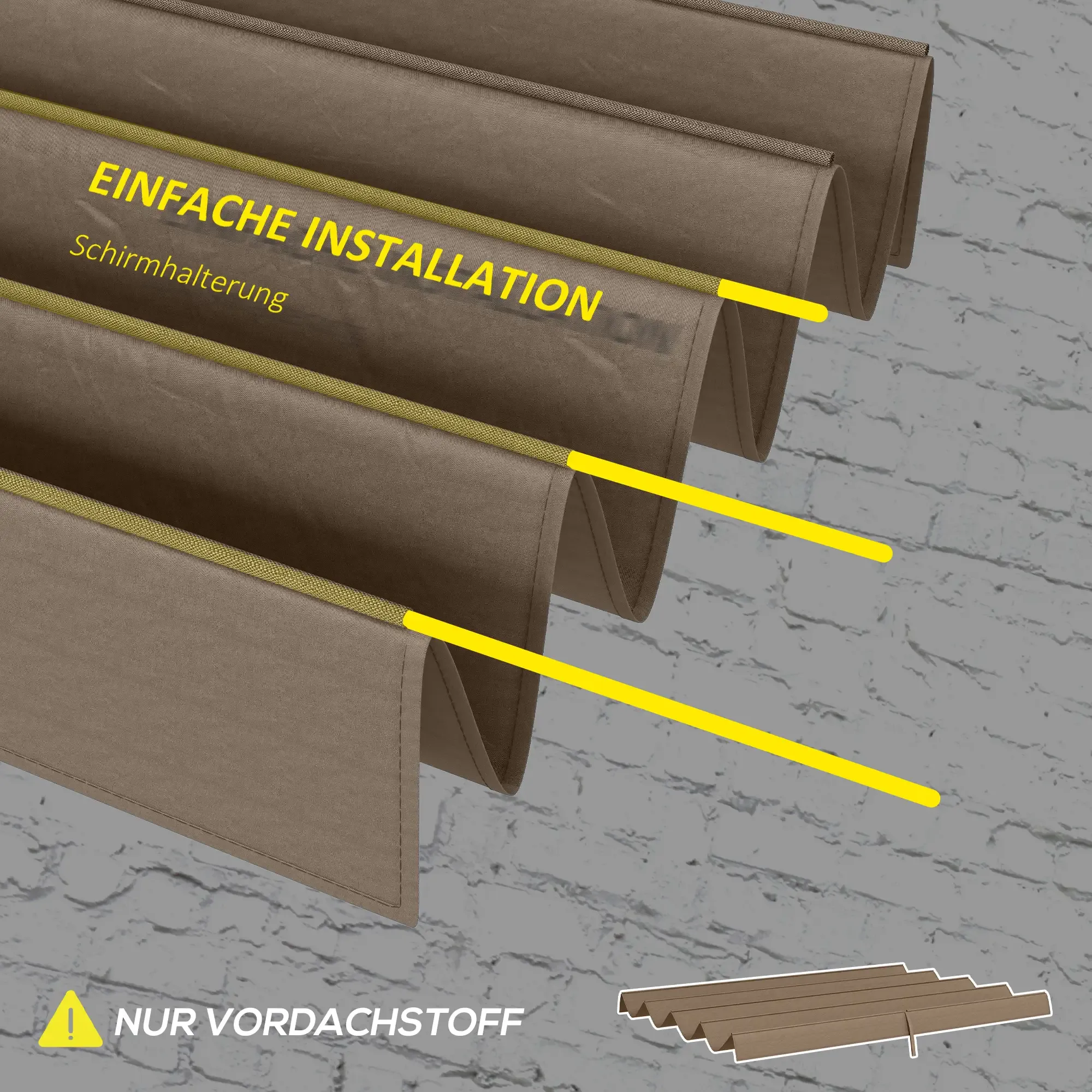 Nahaufnahme von braunem Markisenstoff mit gelben Richtlinien, die die einfache Installation und die Bildschirmhalterung zeigen.
