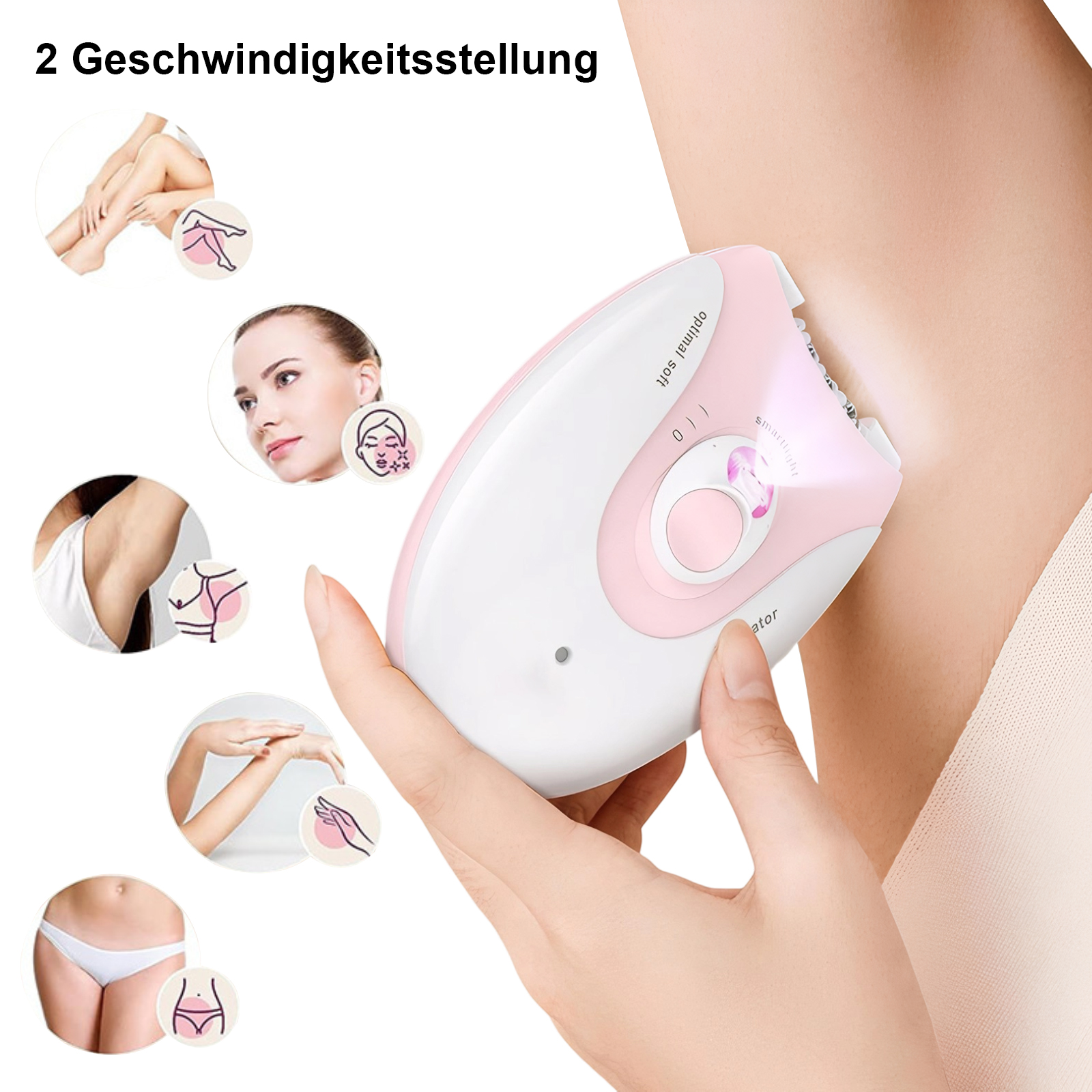 Frau benutzt einen rosa-weißen Epilierer unter der Achsel, umgeben von Diagrammen der Anwendungsbereiche.